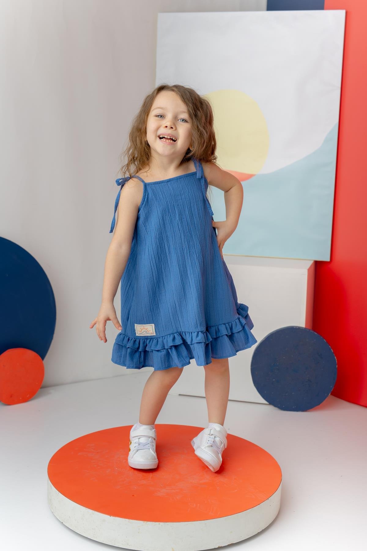 Kız Çocuk Fırfırlı Askılı Elbise - İndigo