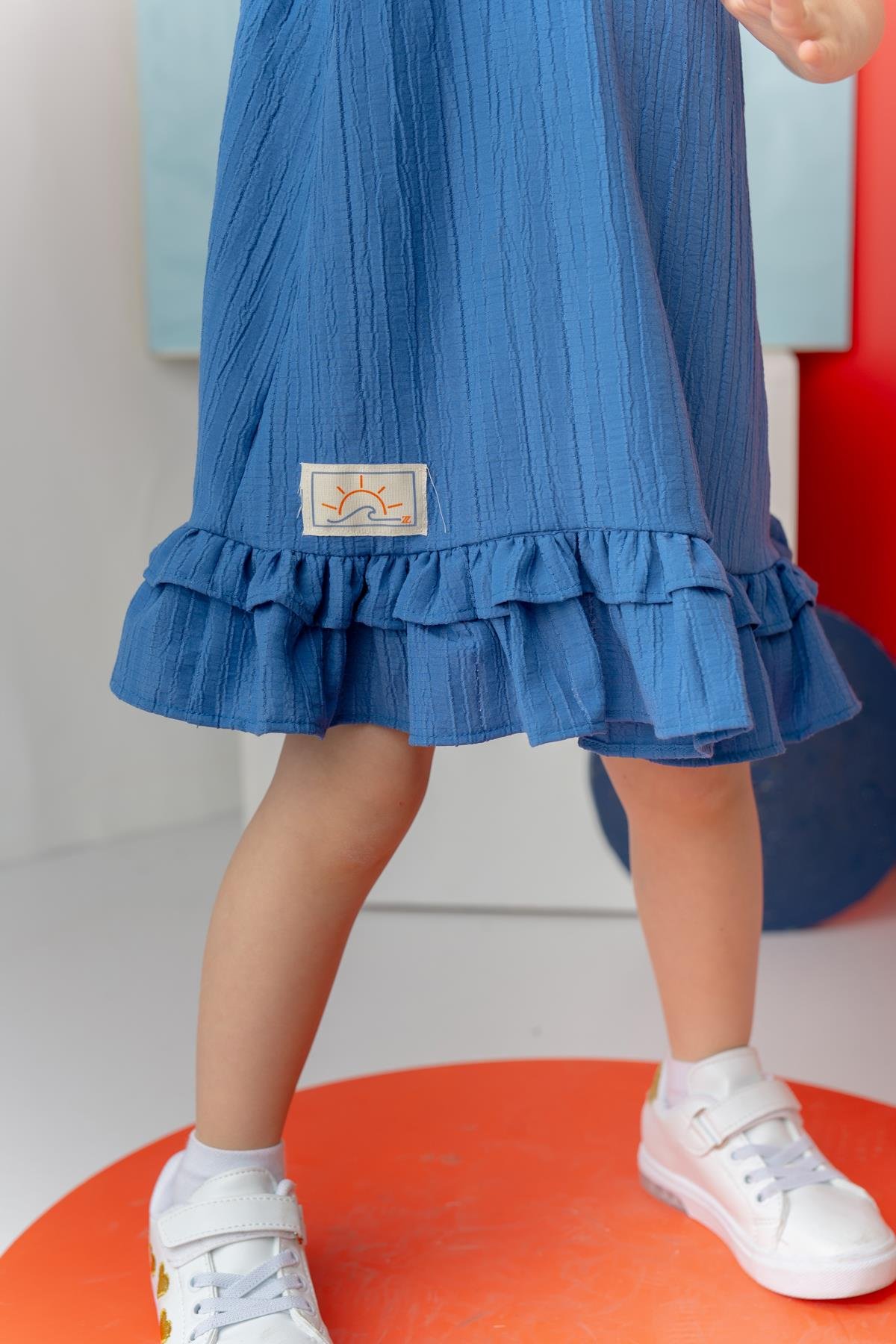 Kız Çocuk Fırfırlı Askılı Elbise - İndigo