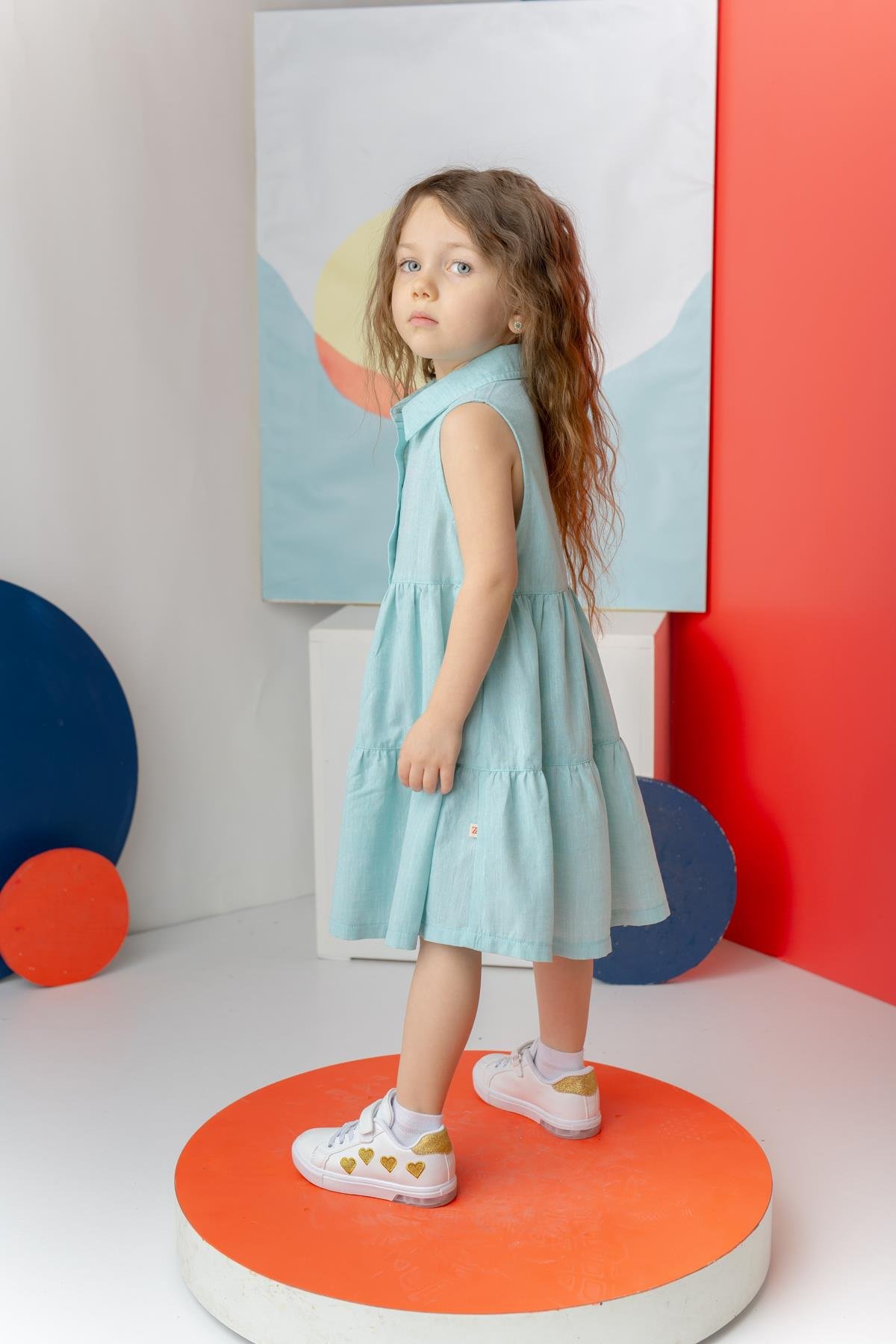 Kız Çocuk Fırfırlı Gömlek Yaka Elbise - Mint