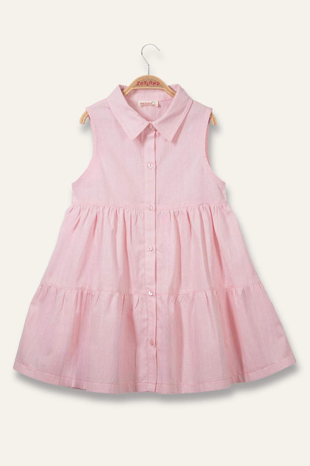 Kız Çocuk Fırfırlı Gömlek Yaka Elbise - Pembe