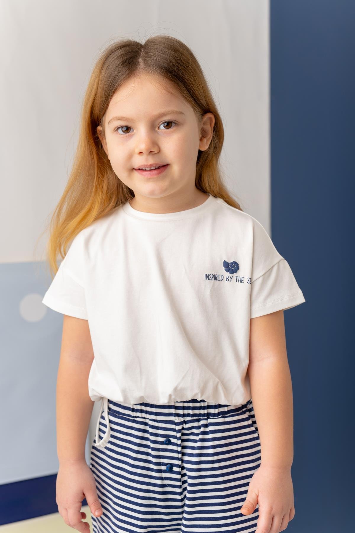 Kız Çocuk Hawai Baskılı Crop T-Shirt - Ekru