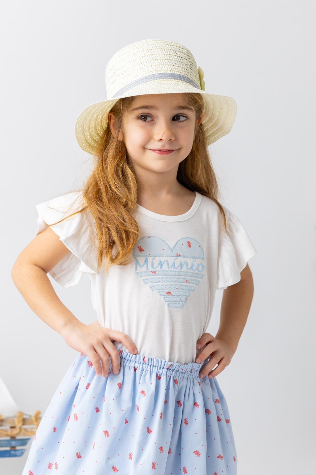 Kız Çocuk Kalp Nakışlı T-shirt - Ekru