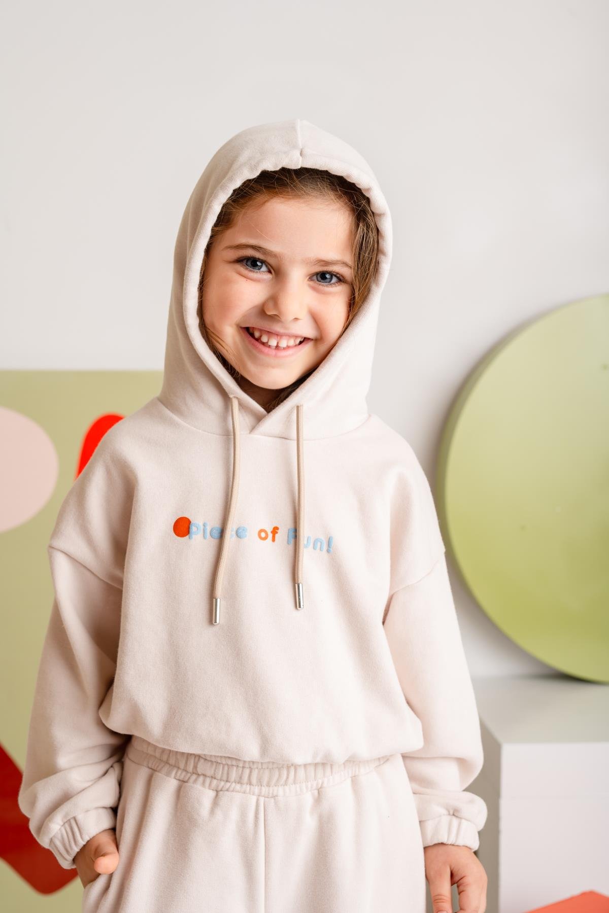 Kız Çocuk Kapşonlu Crop Sweatshirt - Krem