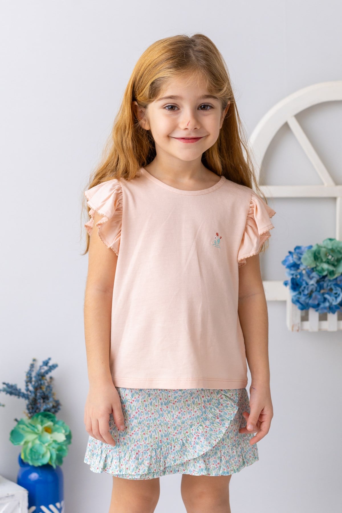 Kız Çocuk Kolu Fırfırlı T-shirt - Yavruağzı