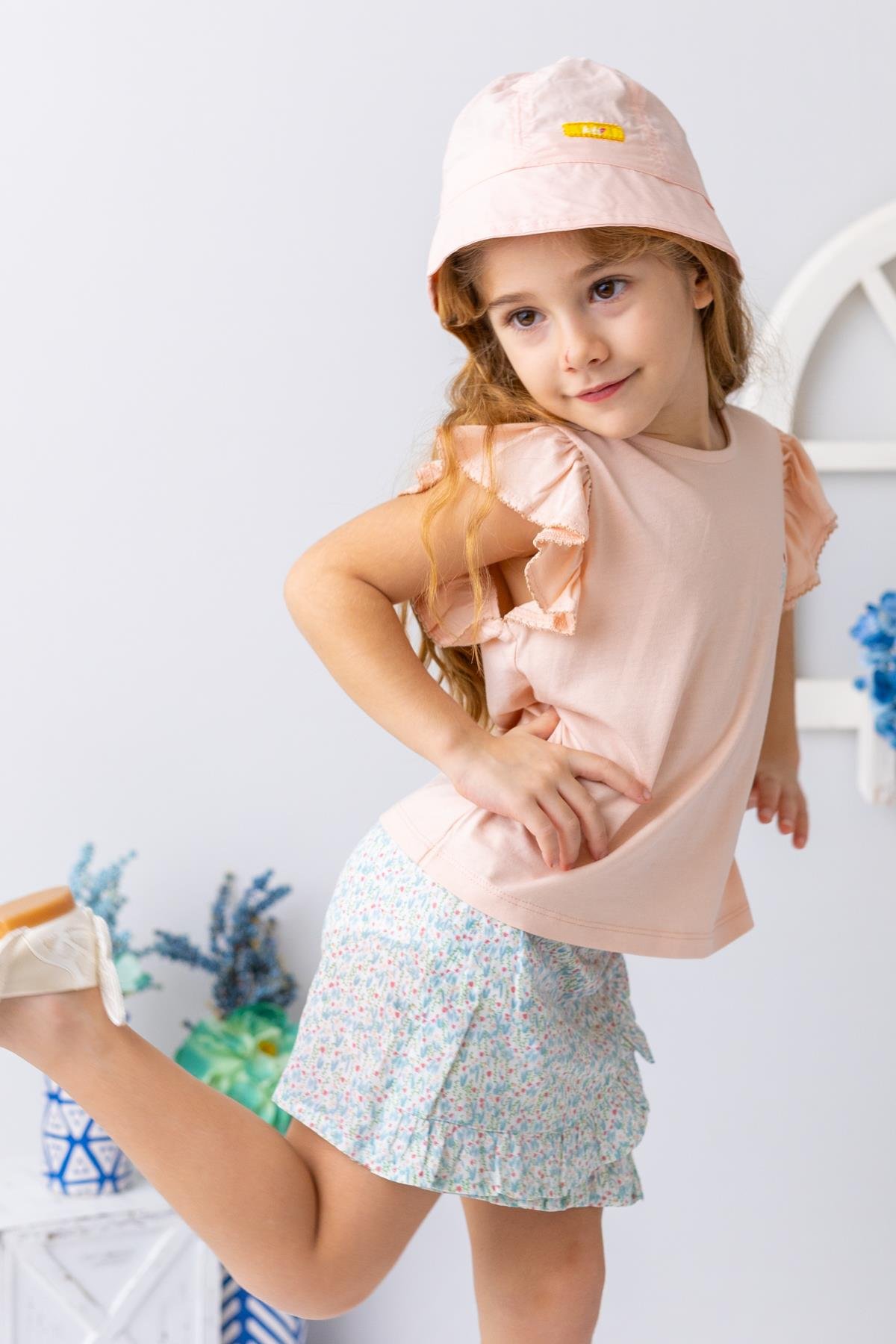 Kız Çocuk Kolu Fırfırlı T-shirt - Yavruağzı