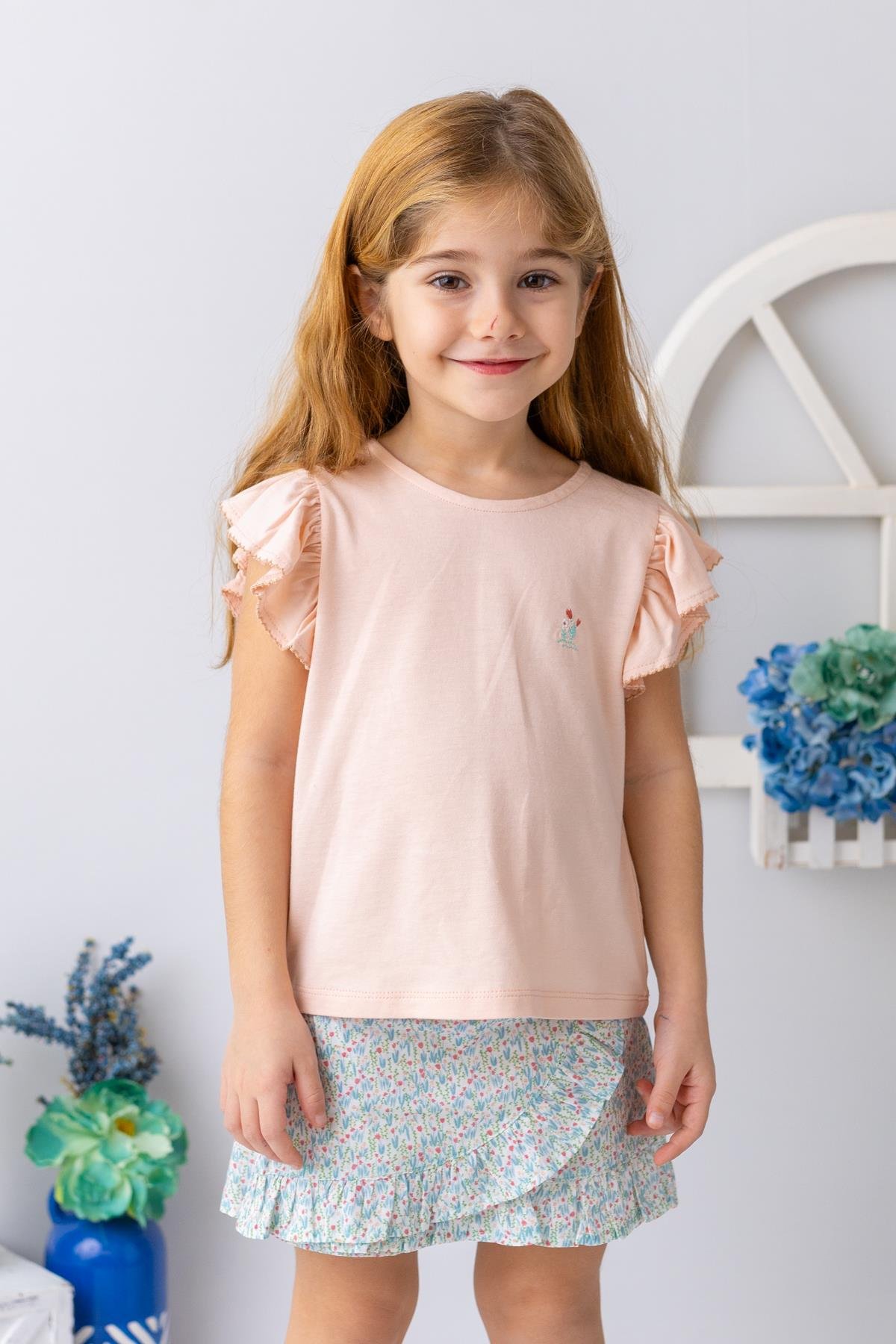 Kız Çocuk Kolu Fırfırlı T-shirt - Yavruağzı