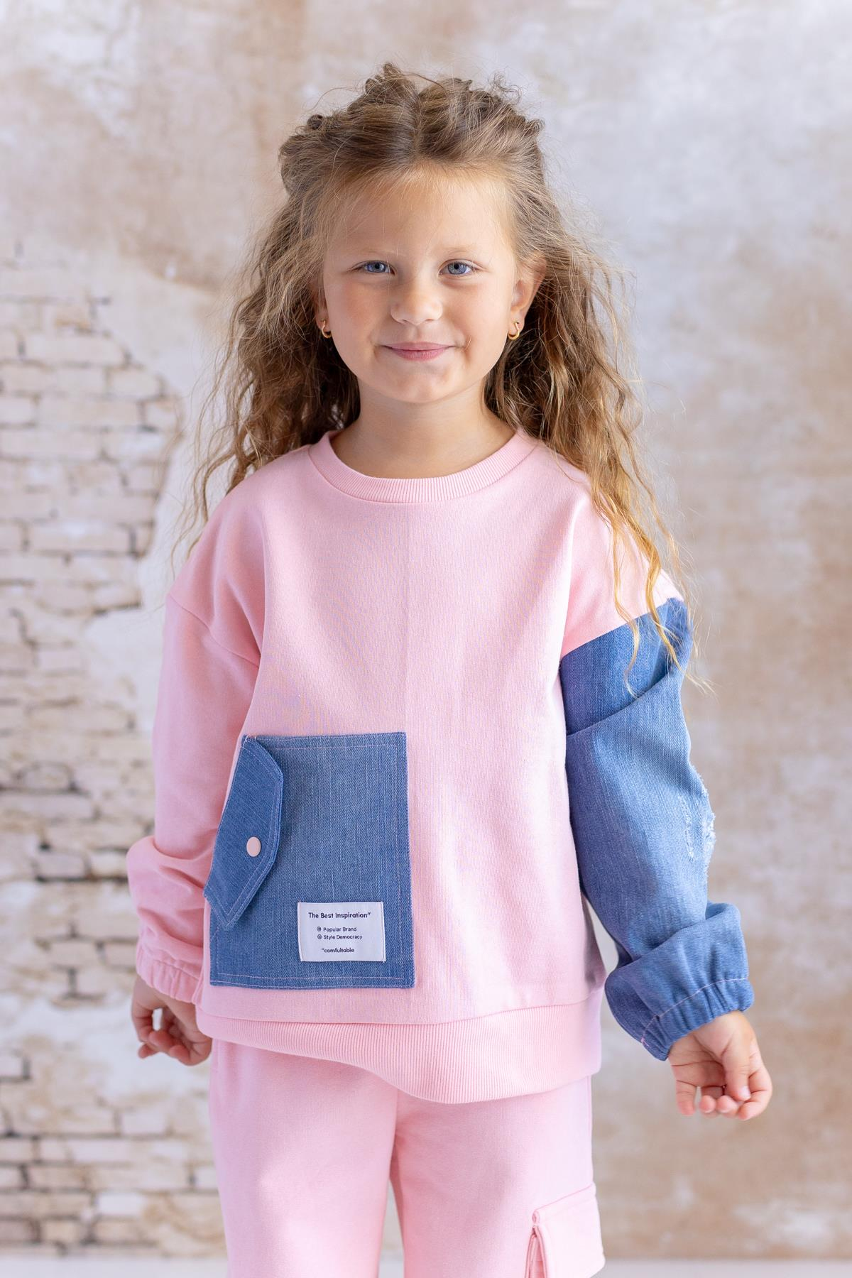Kız Çocuk Kot Garnili Cep Detaylı Sweatshirt - Pembe