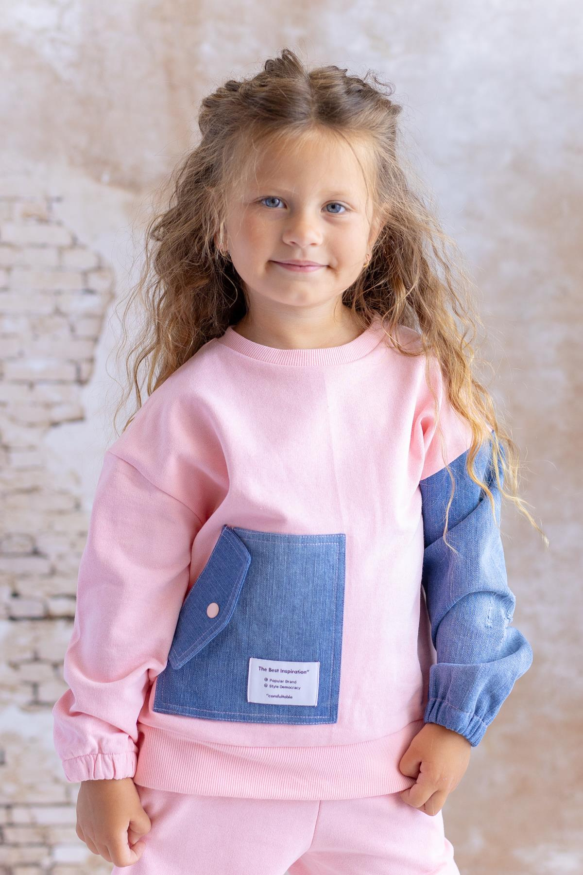 Kız Çocuk Kot Garnili Cep Detaylı Sweatshirt - Pembe