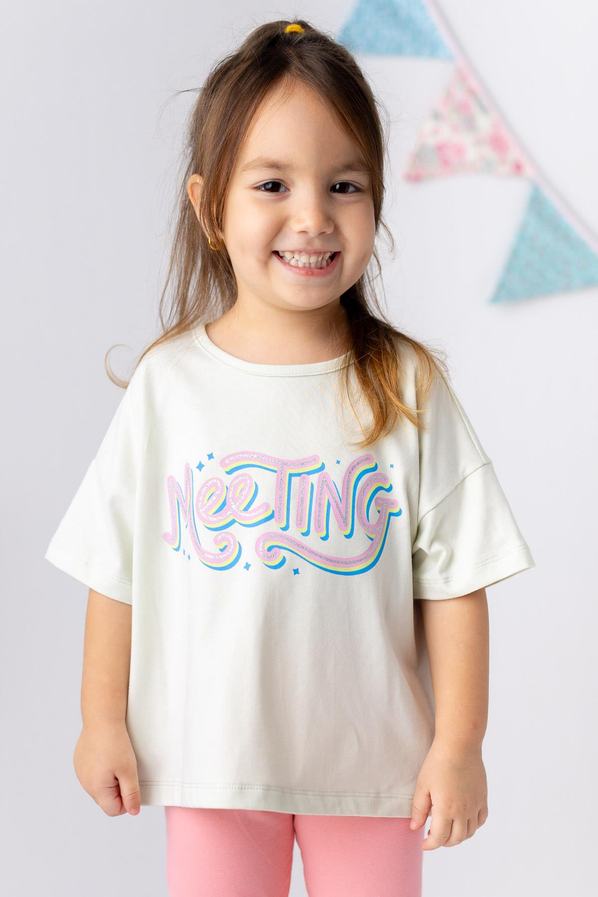 Kız Çocuk Meeting Sim Baskılı Basic T-shirt