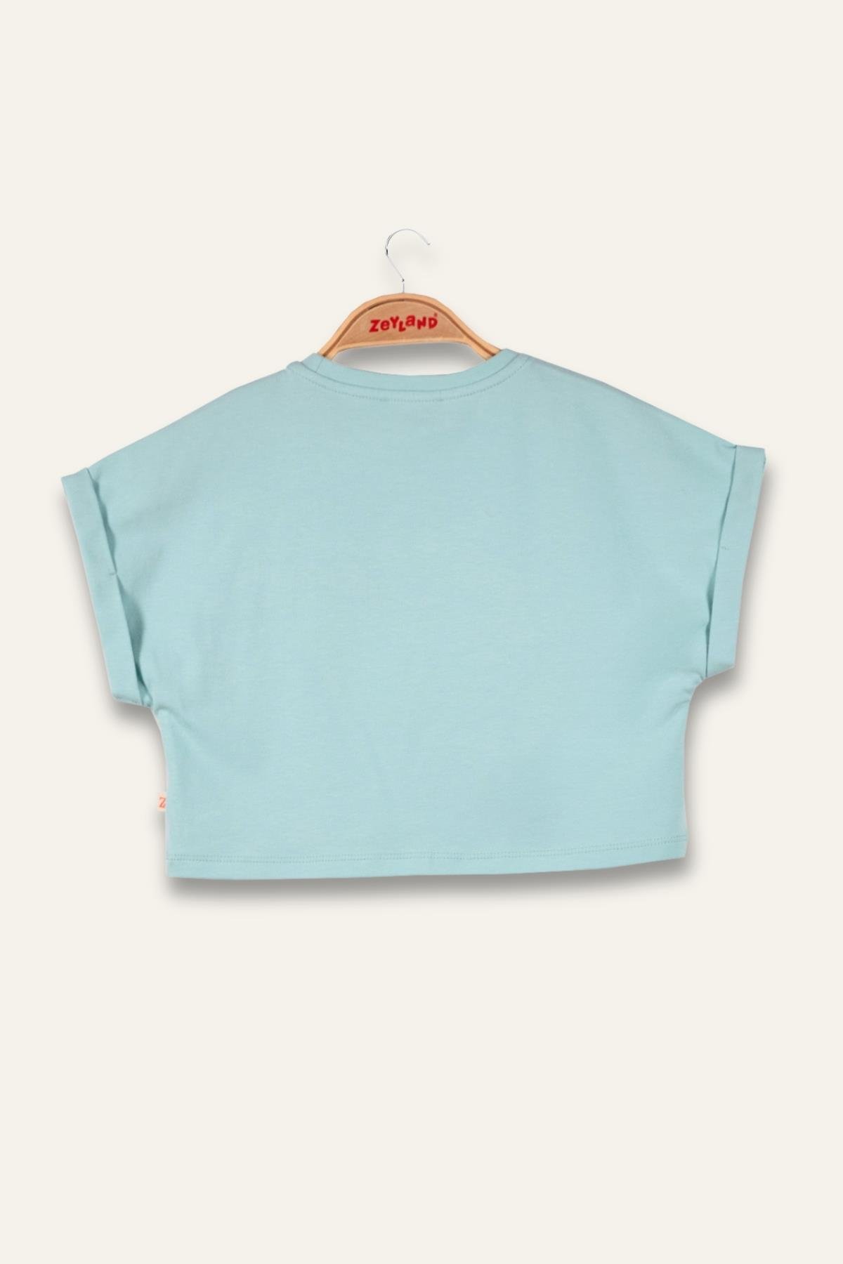 Kız Çocuk Nakış Detaylı Crop T-Shirt - Mint
