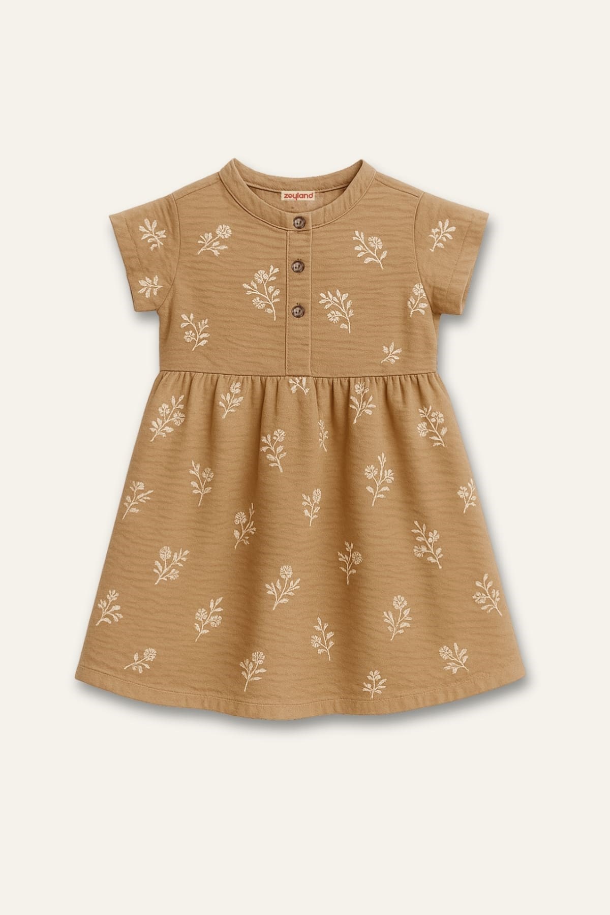 Kız Çocuk Nakış Detaylı Düğmeli Elbise  - Beige