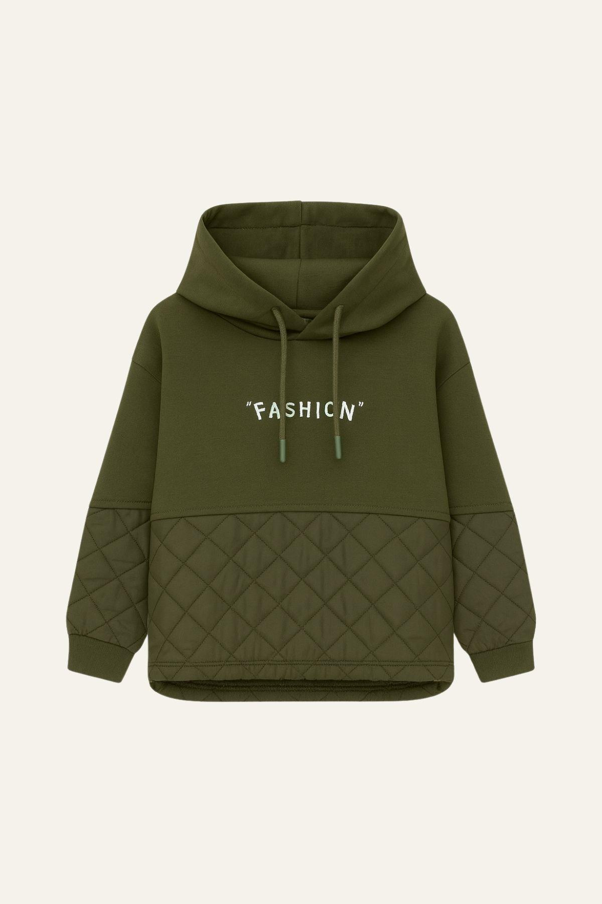 Kız Çocuk Nakış Detaylı Kapitoneli Sweatshirt - Haki
