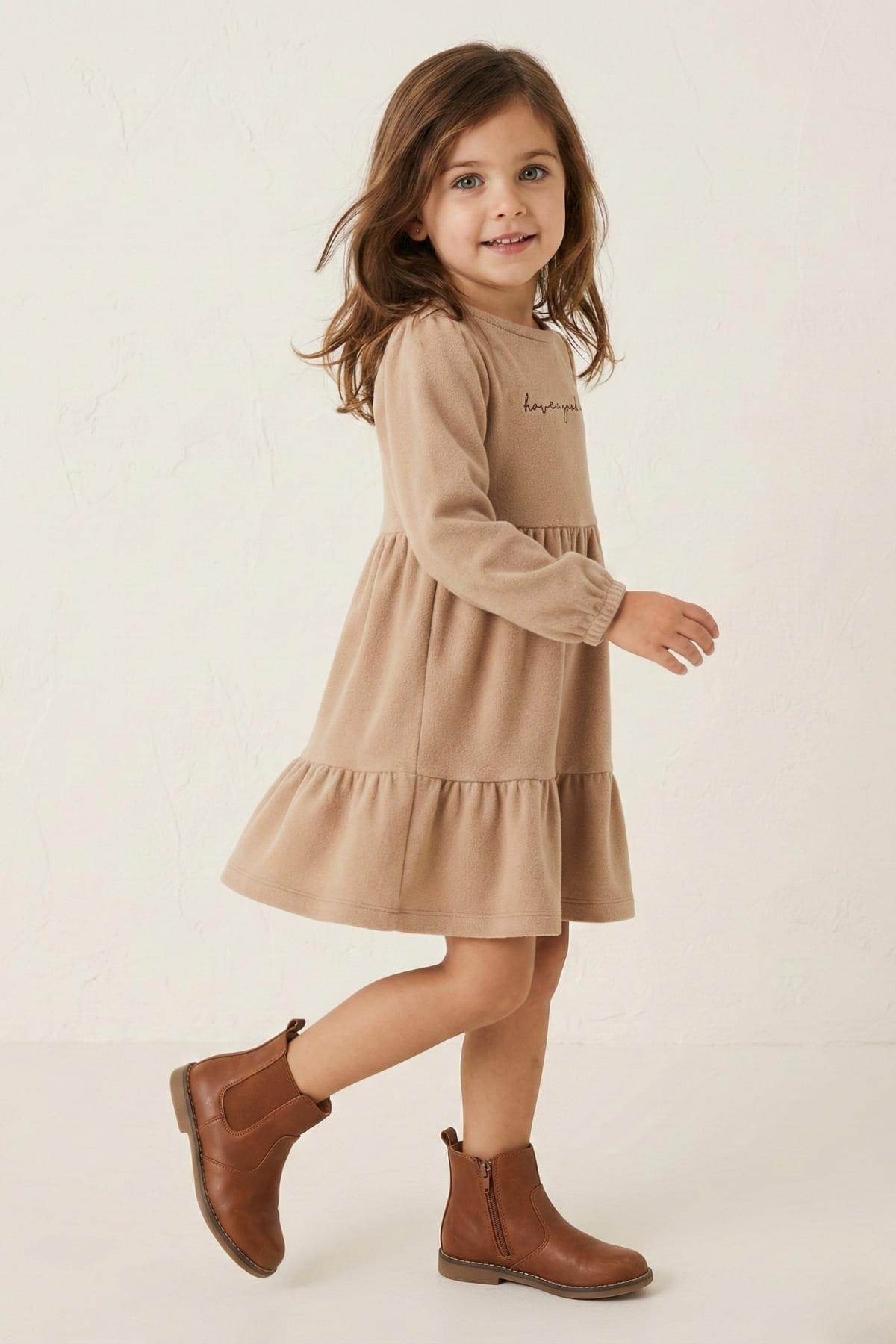Kız Çocuk Nakışlı Yumoş Elbise - Bej