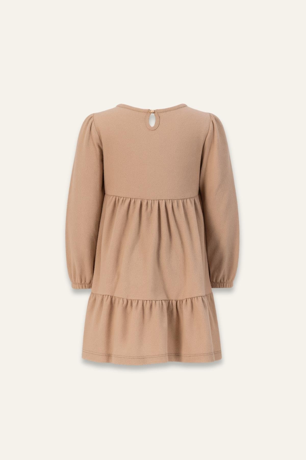 Kız Çocuk Nakışlı Yumoş Elbise - Bej