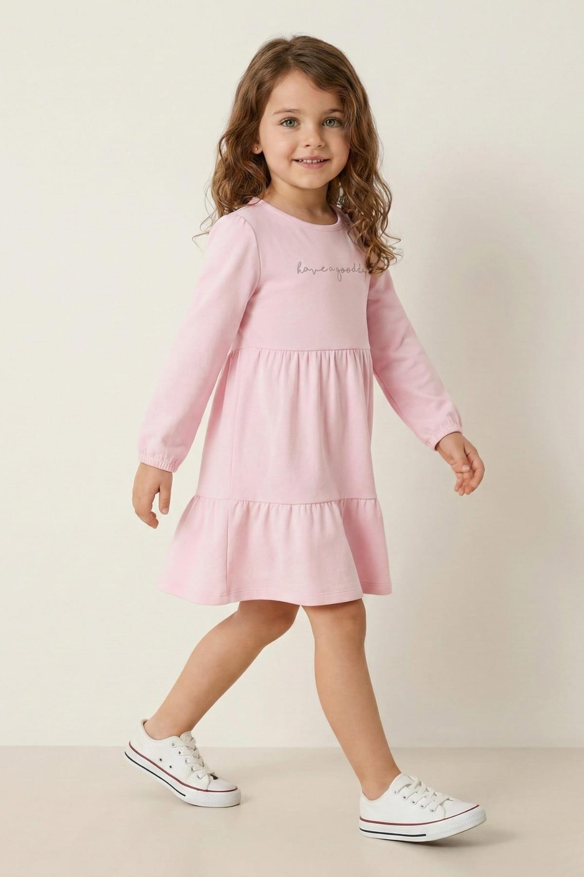 Kız Çocuk Nakışlı Yumoş Elbise - Pembe