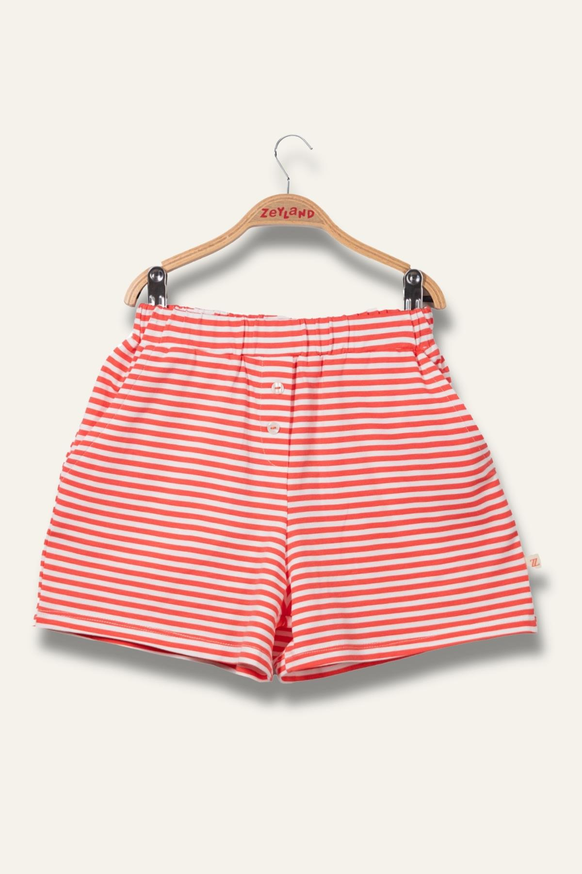 Kız Çocuk Penye Çizgili Kısa Şort - Coral Çizgili