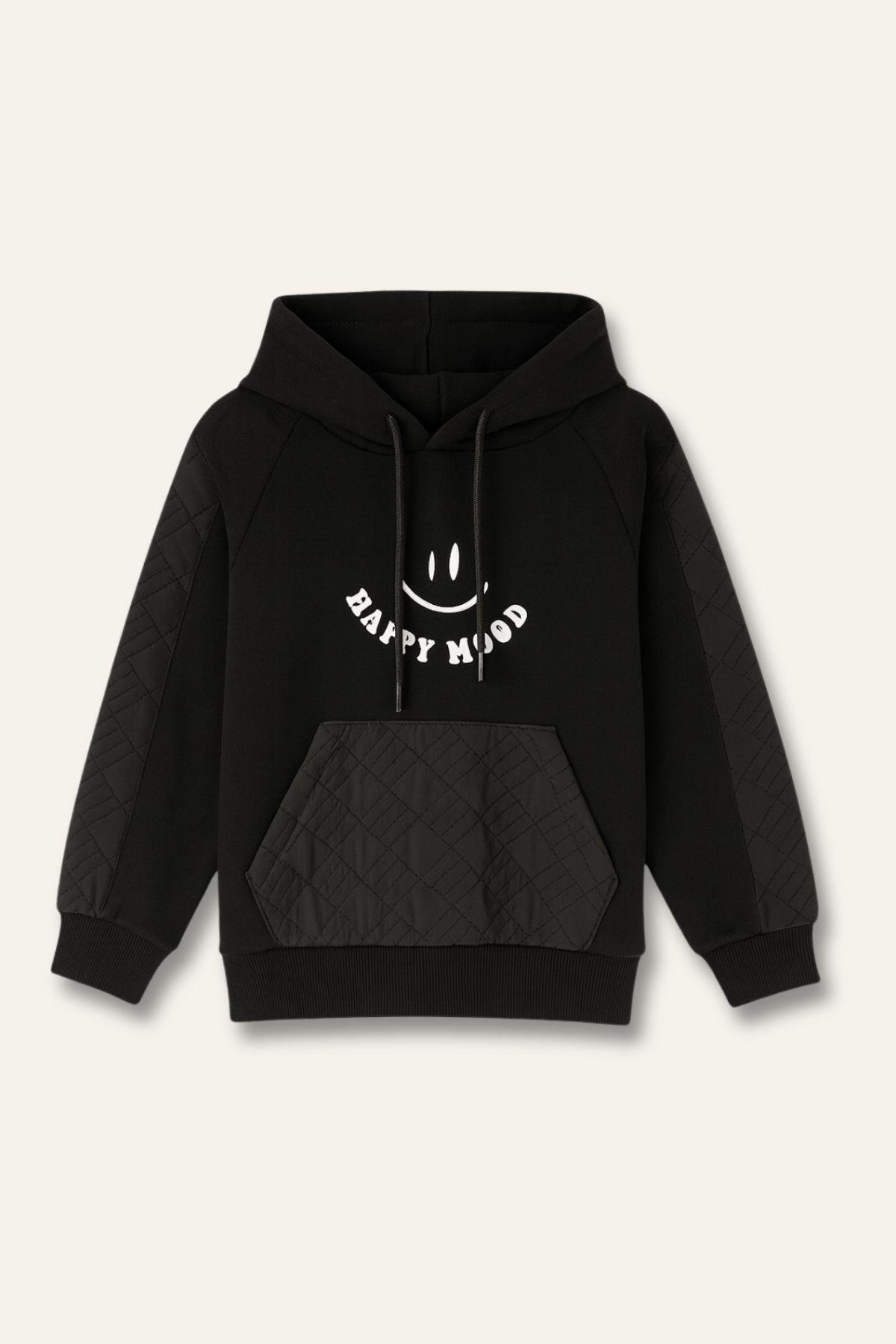 Kız Çocuk Reglan Kollu Baskı Detaylı Kapitoneli Sweatshirt - Siyah