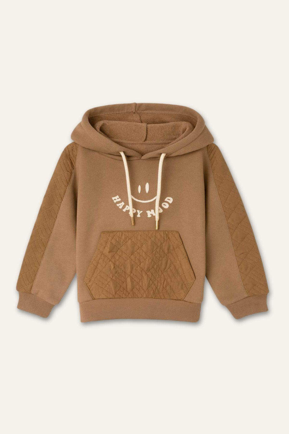 Kız Çocuk Reglan Kollu Baskı Detaylı Kapitoneli Sweatshirt - Kahverengi