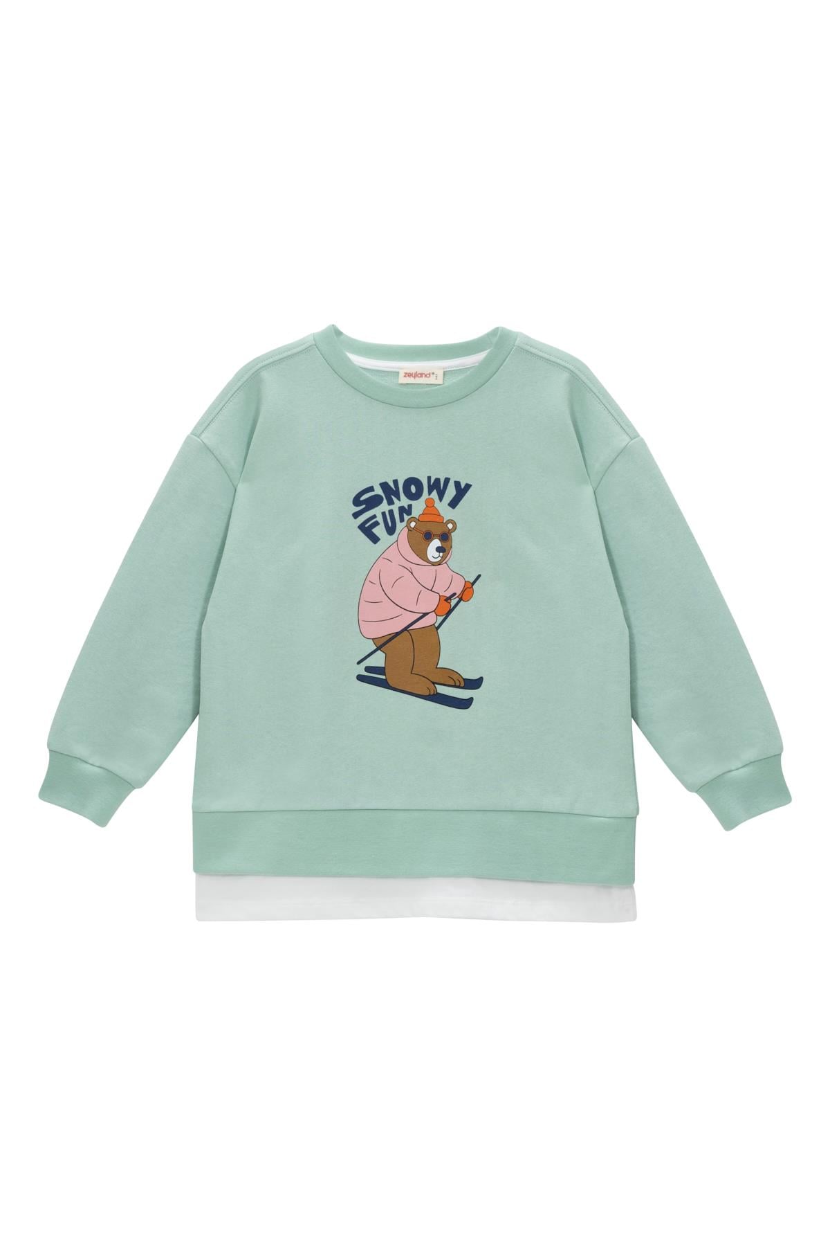 Kız Çocuk Suprem Garnili Ayı Baskılı Sweatshirt - Yeşil
