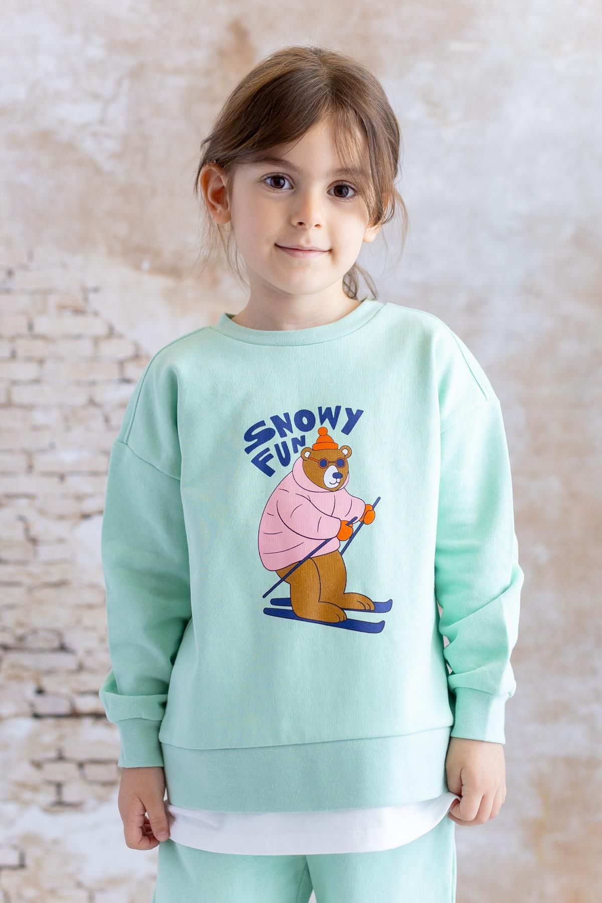 Kız Çocuk Suprem Garnili Ayı Baskılı Sweatshirt - Yeşil