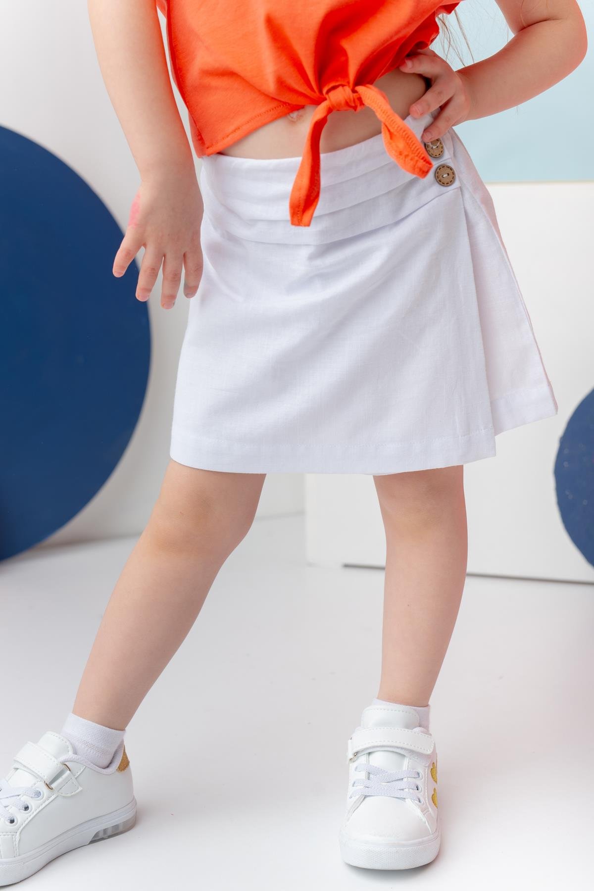 Kız Çocuk Yandan Düğmeli Şort Etek - Beyaz