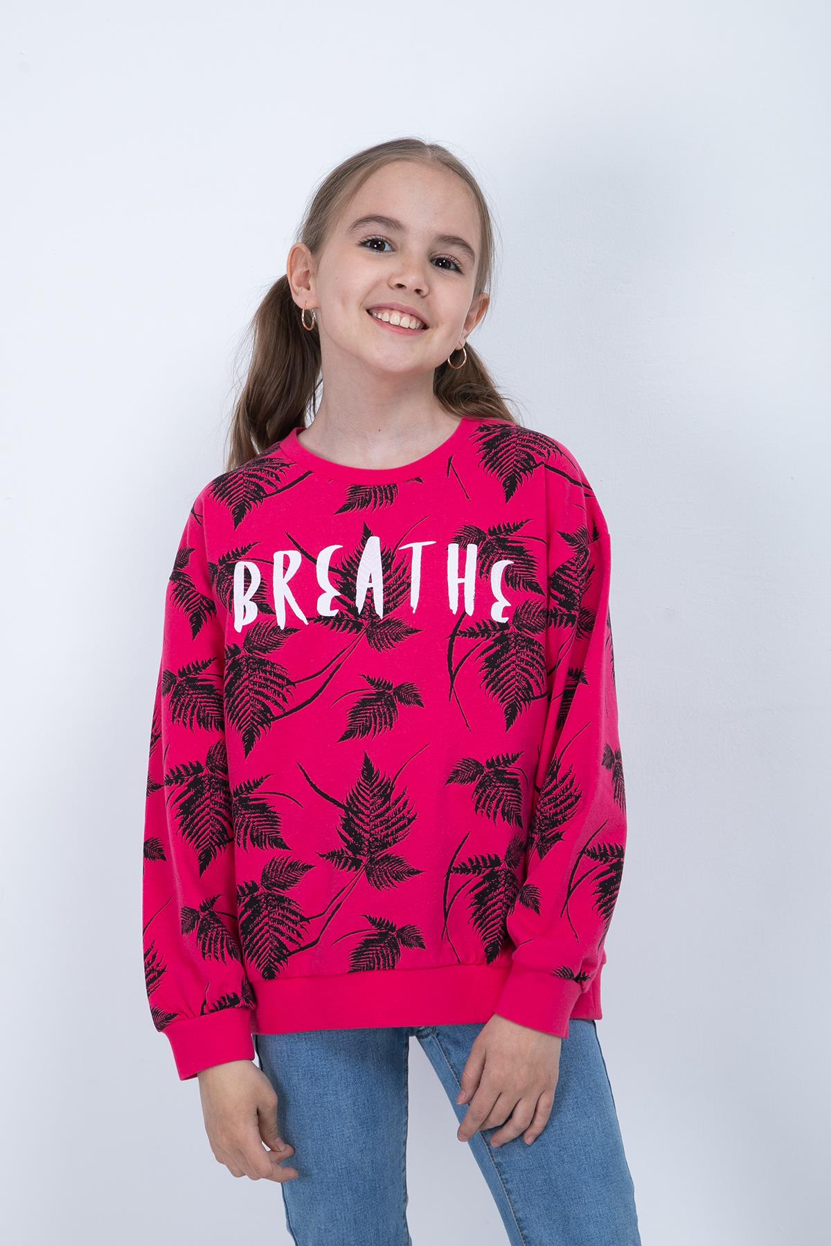 Kız Çocuk Yaprak Baskılı Sweatshirt