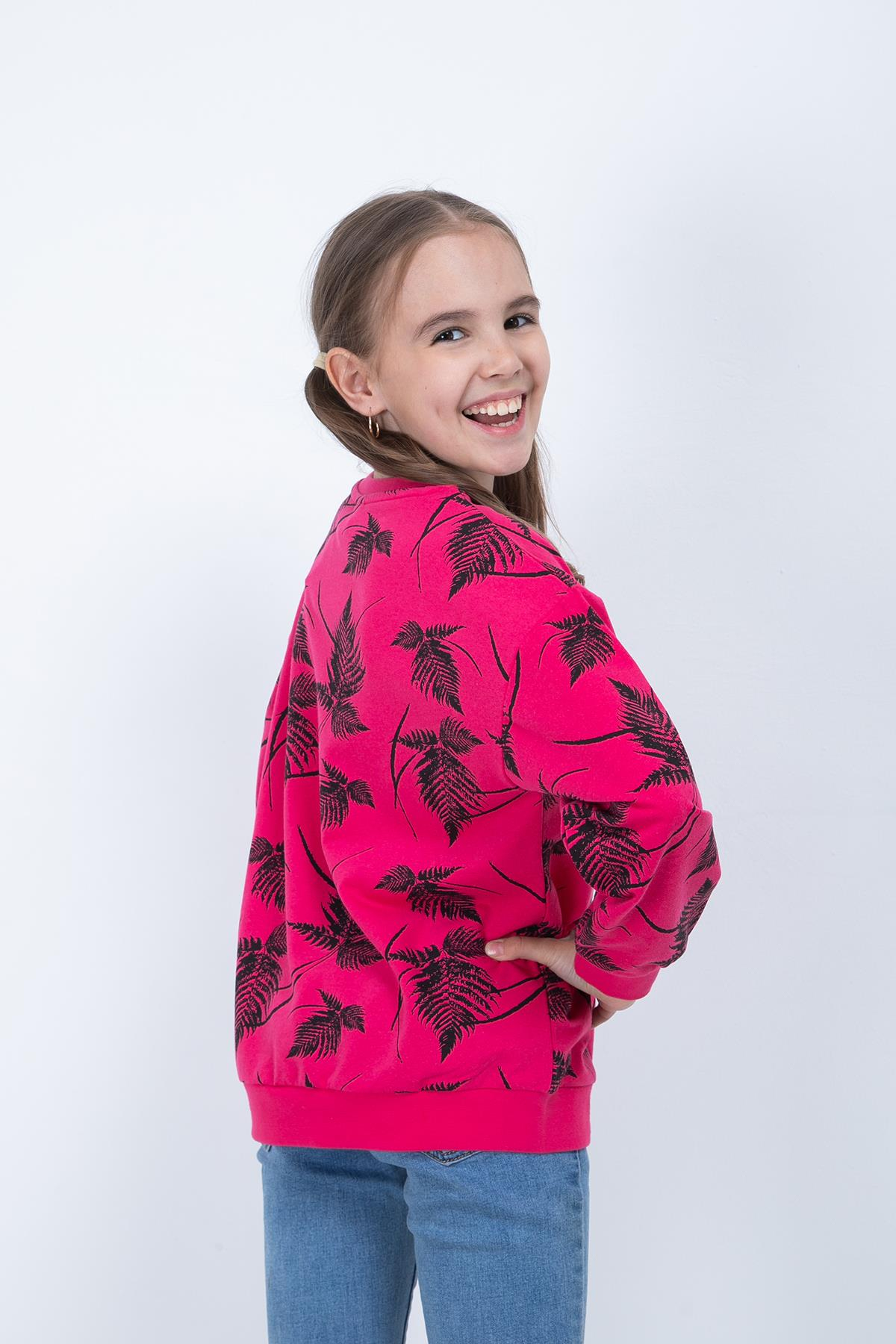 Kız Çocuk Yaprak Baskılı Sweatshirt