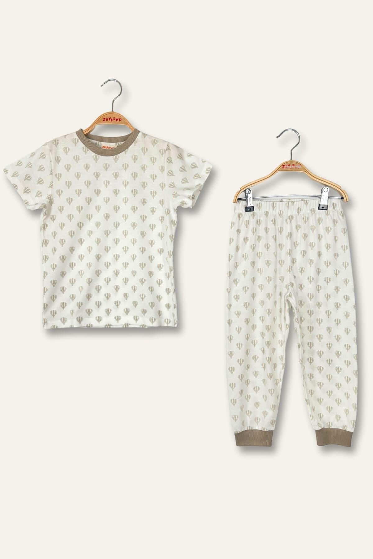 Kız Erkek Çocuk Balon Baskılı  Pijama Takımı - Bej