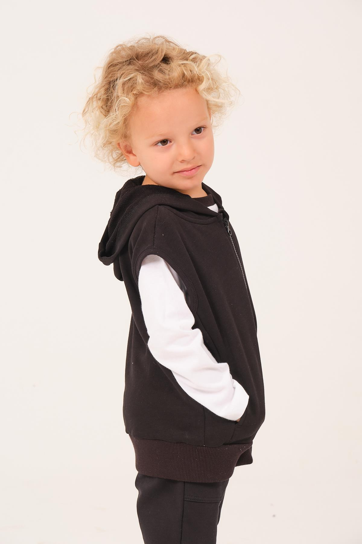 Unisex Çocuk Basic Kapüşonlu Yelek - Siyah