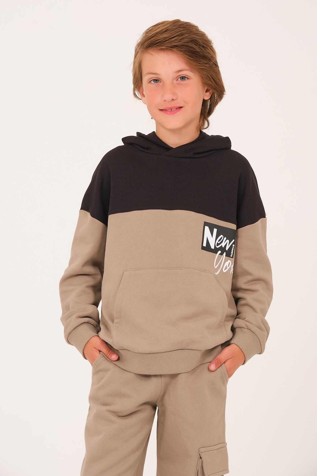 Kız Erkek Çocuk Baskılı Kapüşonlu Sweatshirt - Açık Haki