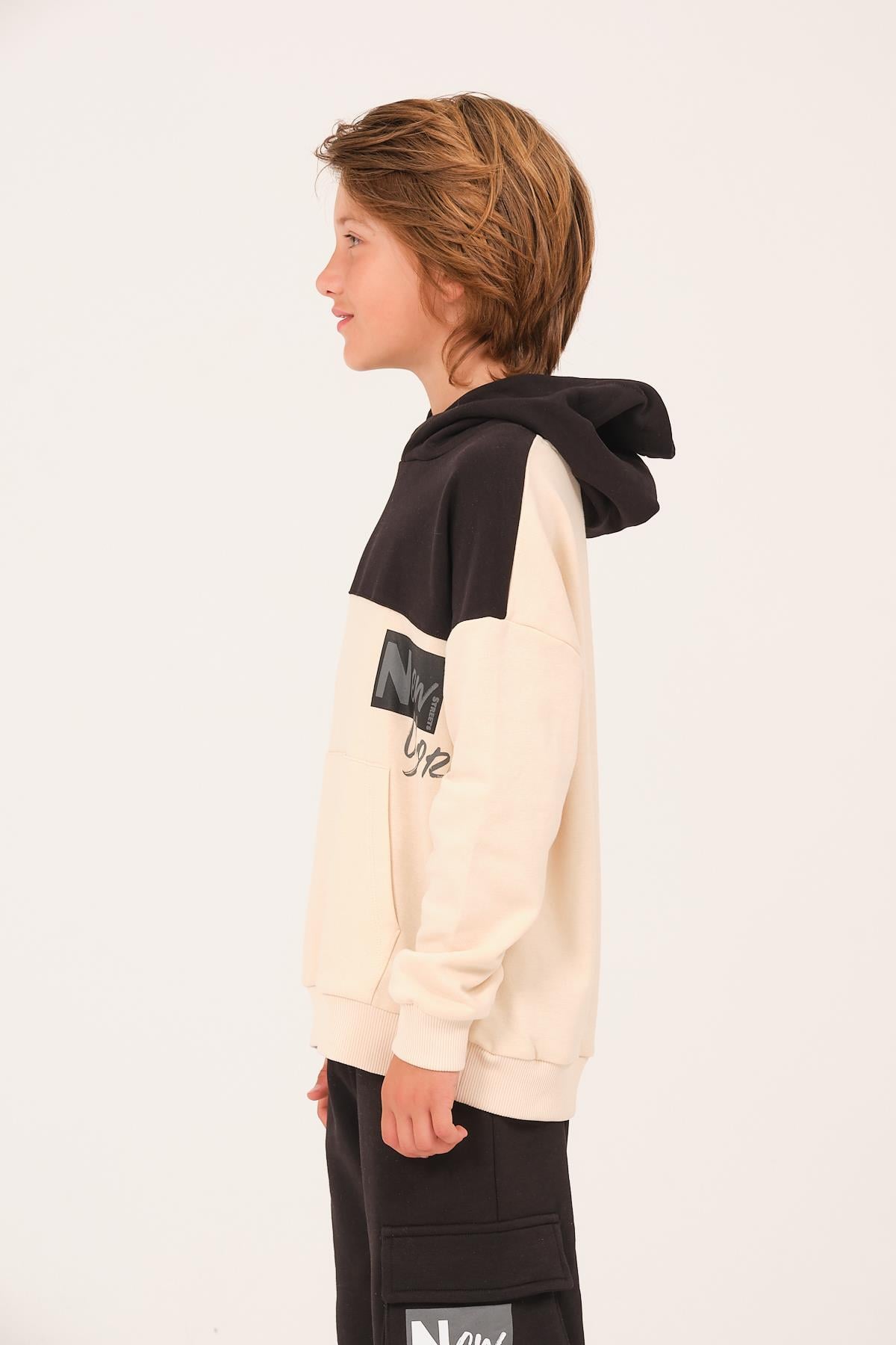 Kız Erkek Çocuk Baskılı Kapüşonlu Sweatshirt - Krem