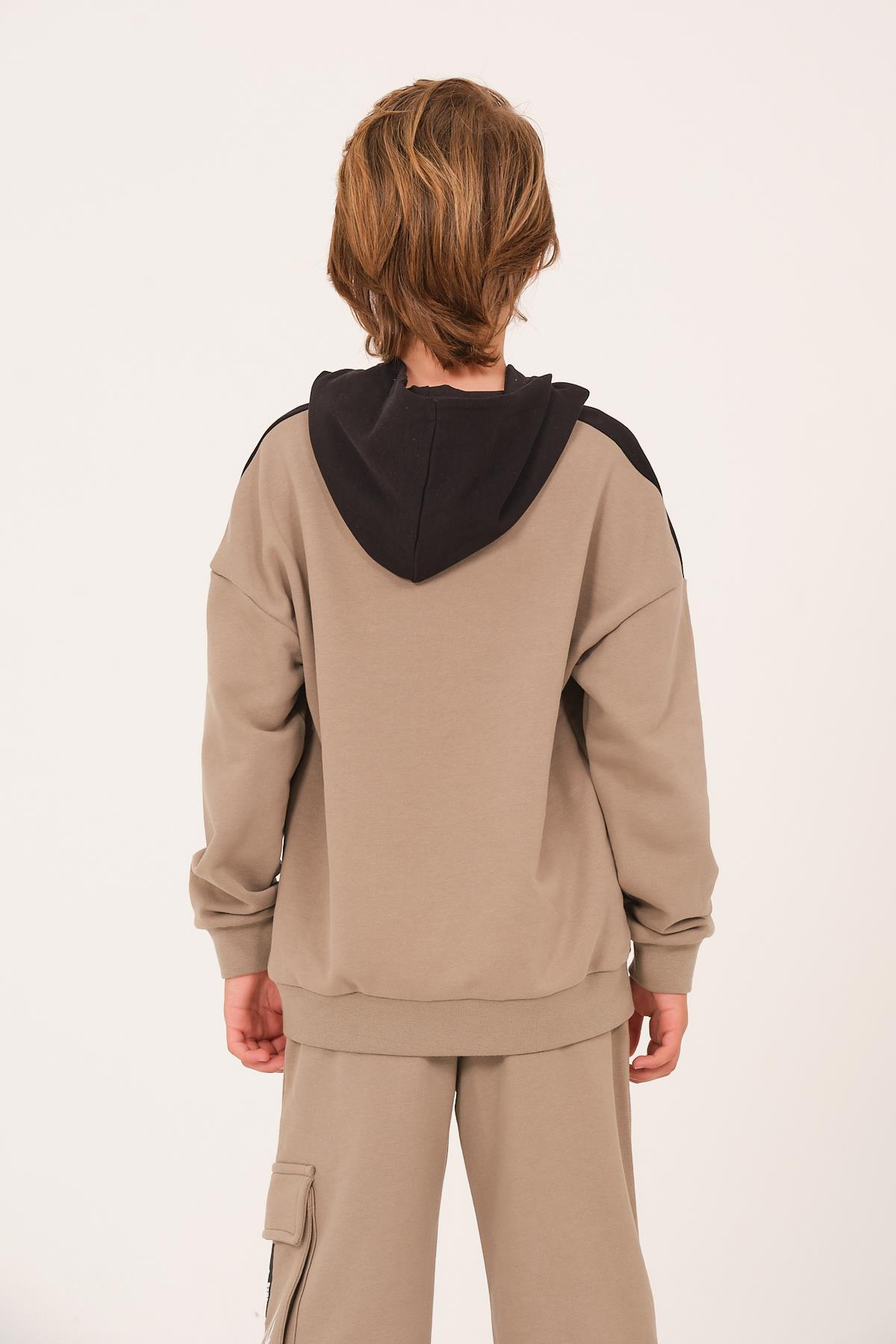 Kız Erkek Çocuk Baskılı Kapüşonlu Sweatshirt - Açık Haki