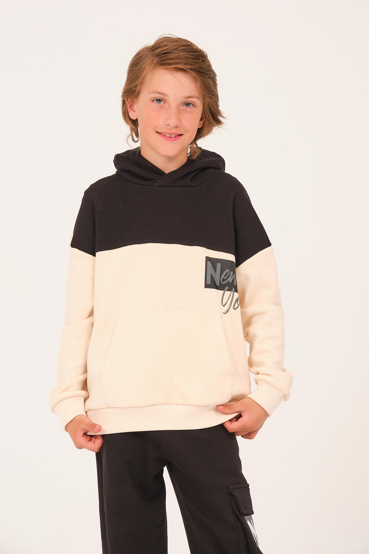 Kız Erkek Çocuk Baskılı Kapüşonlu Sweatshirt - Krem
