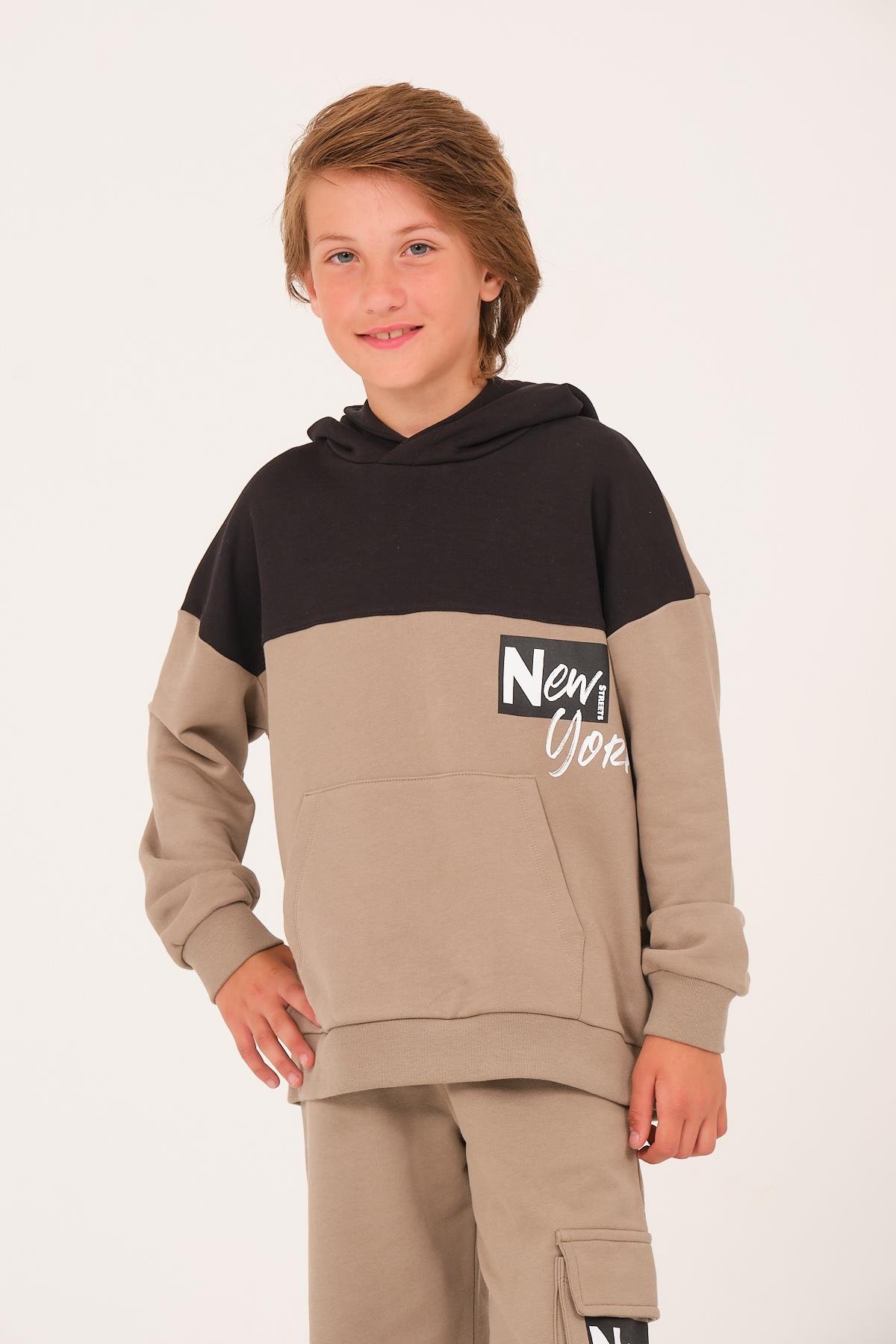 Kız Erkek Çocuk Baskılı Kapüşonlu Sweatshirt - Açık Haki