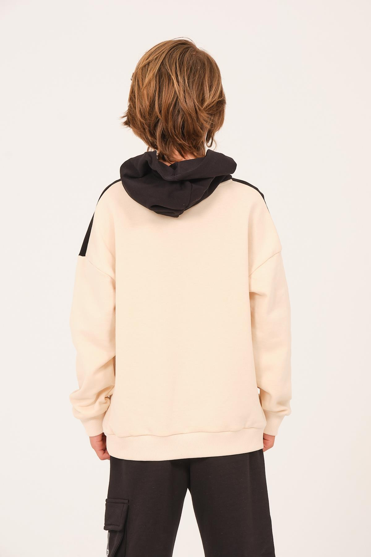 Kız Erkek Çocuk Baskılı Kapüşonlu Sweatshirt - Krem