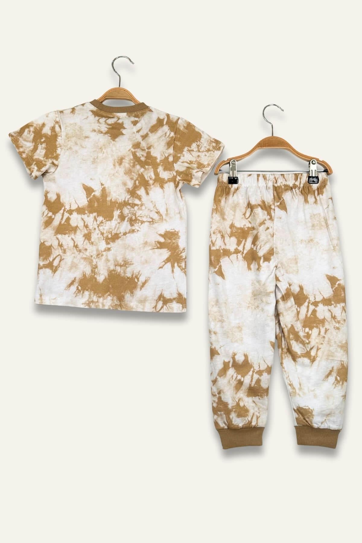 Kız Erkek Çocuk Batik Desenli Pijama Takımı - Camel