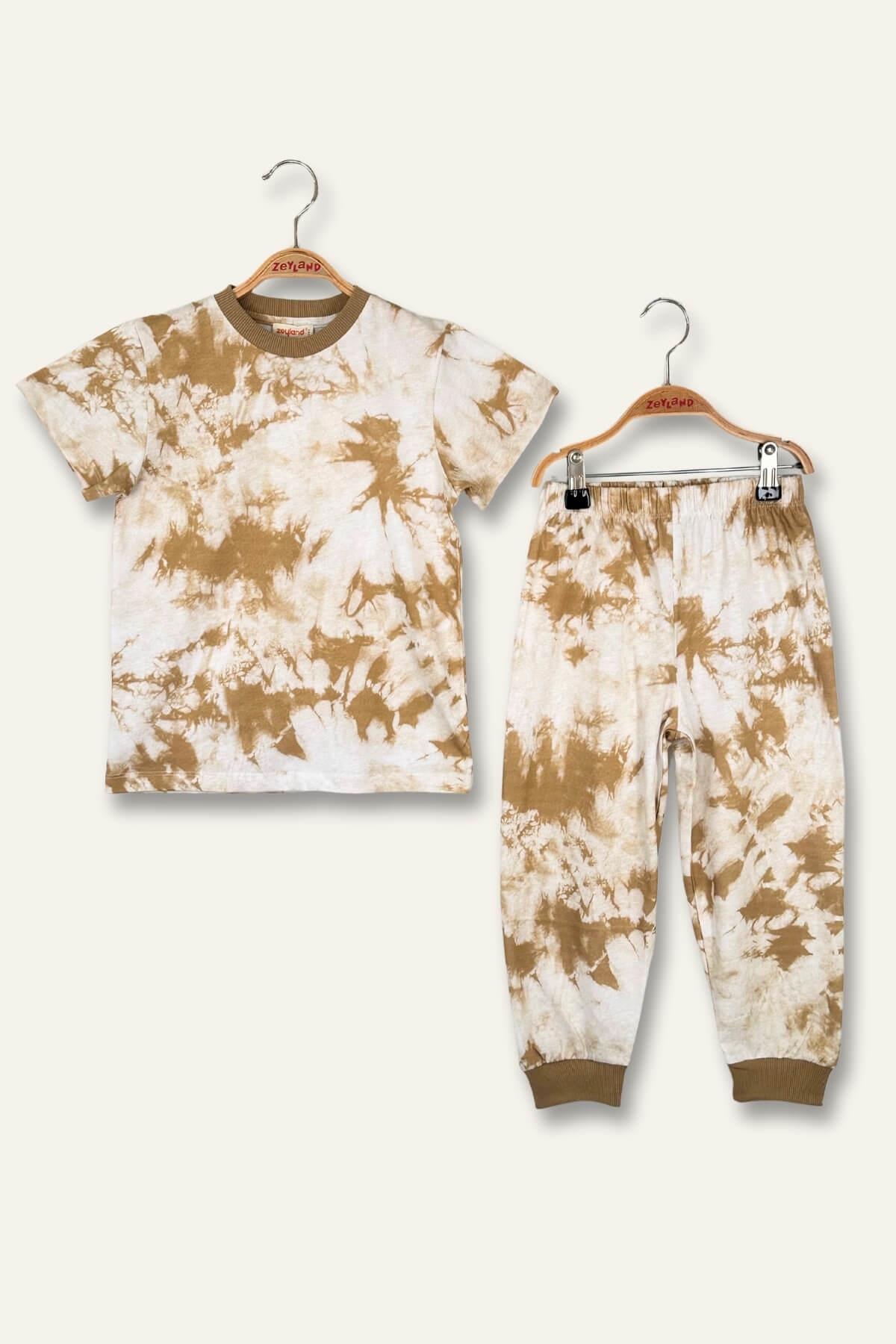 Kız Erkek Çocuk Batik Desenli Pijama Takımı - Camel