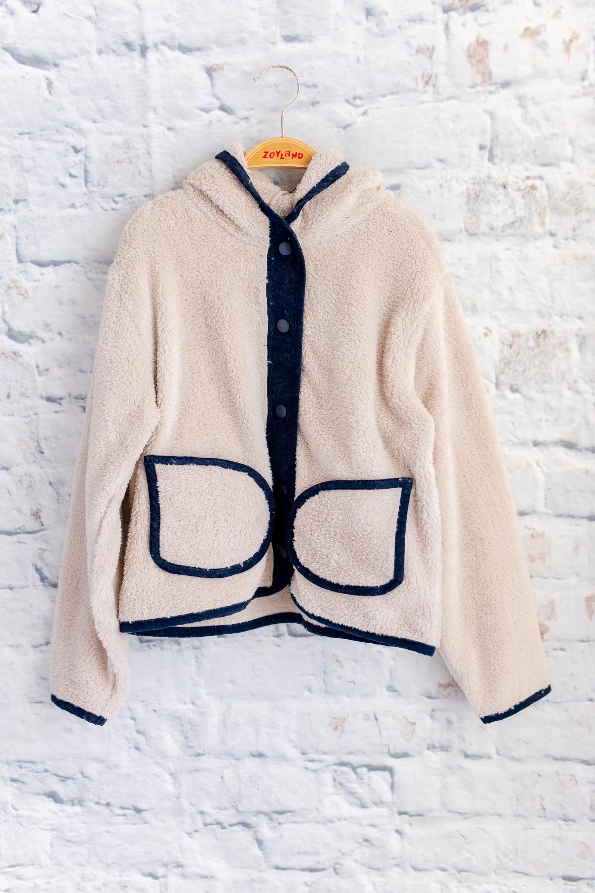 Unisex Çocuk Biye Detaylı Kapüşonlu Peluş Mont - Lacivert