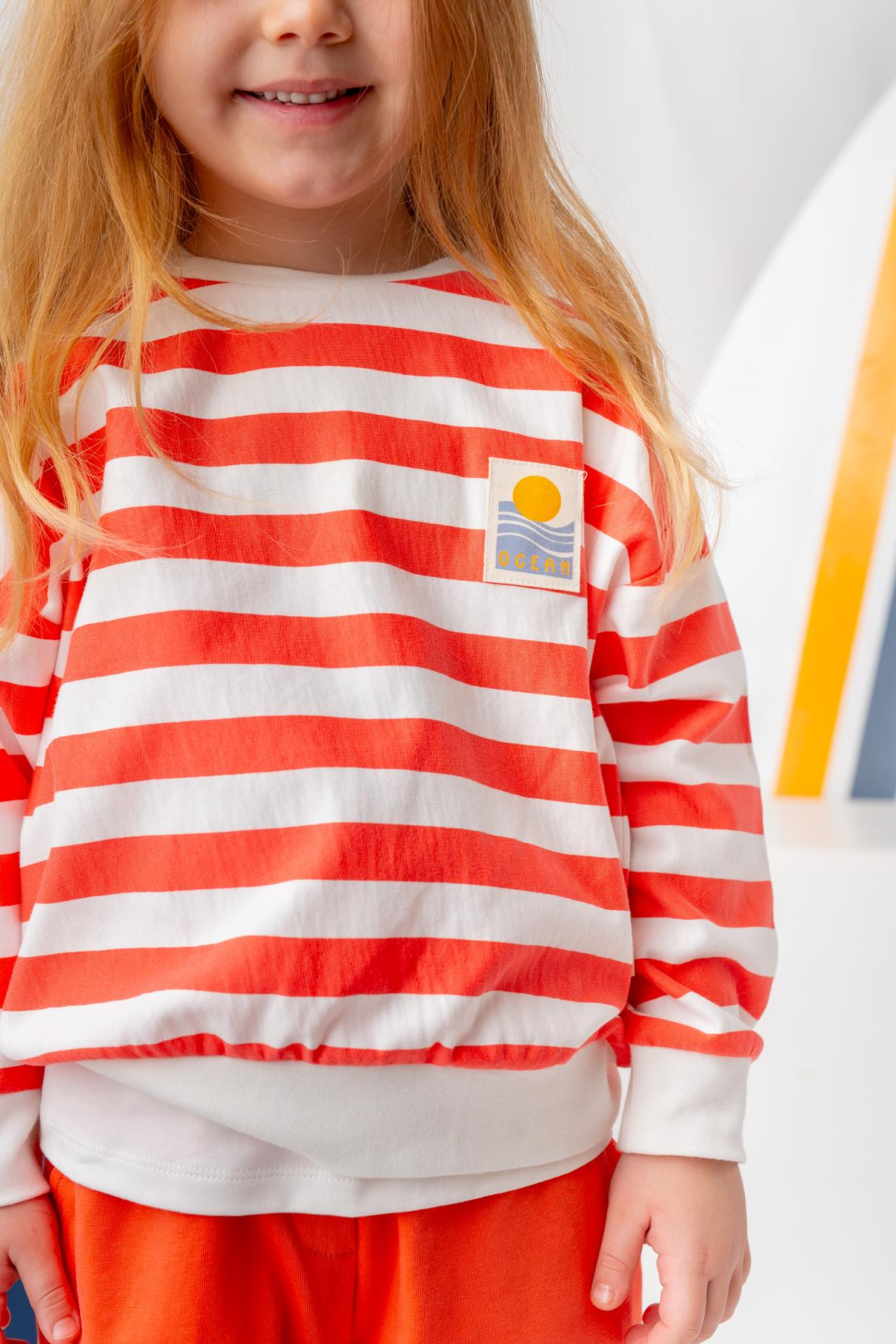 Unısex Çocuk Çizgili Sweatshirt - Coral Çizgili