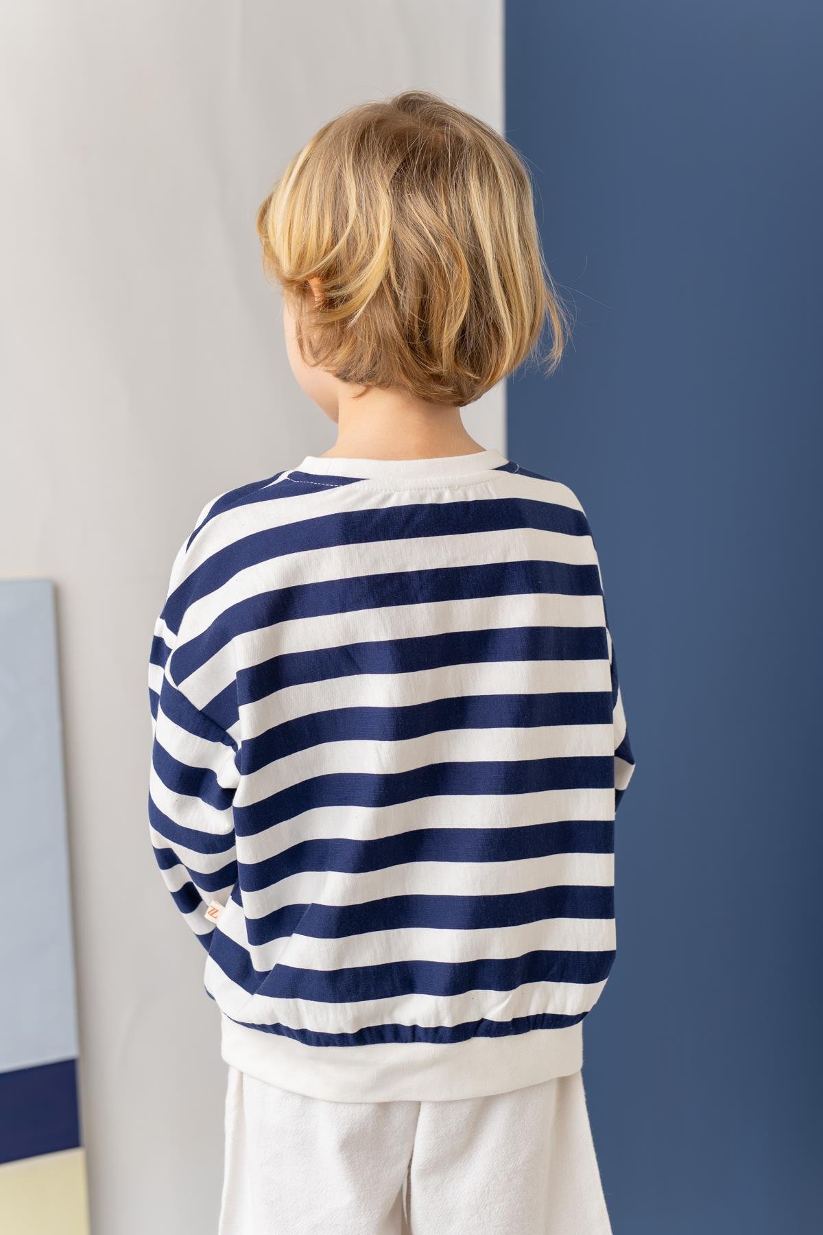 Unısex Çocuk Çizgili Sweatshirt - Lacivert Çizgili