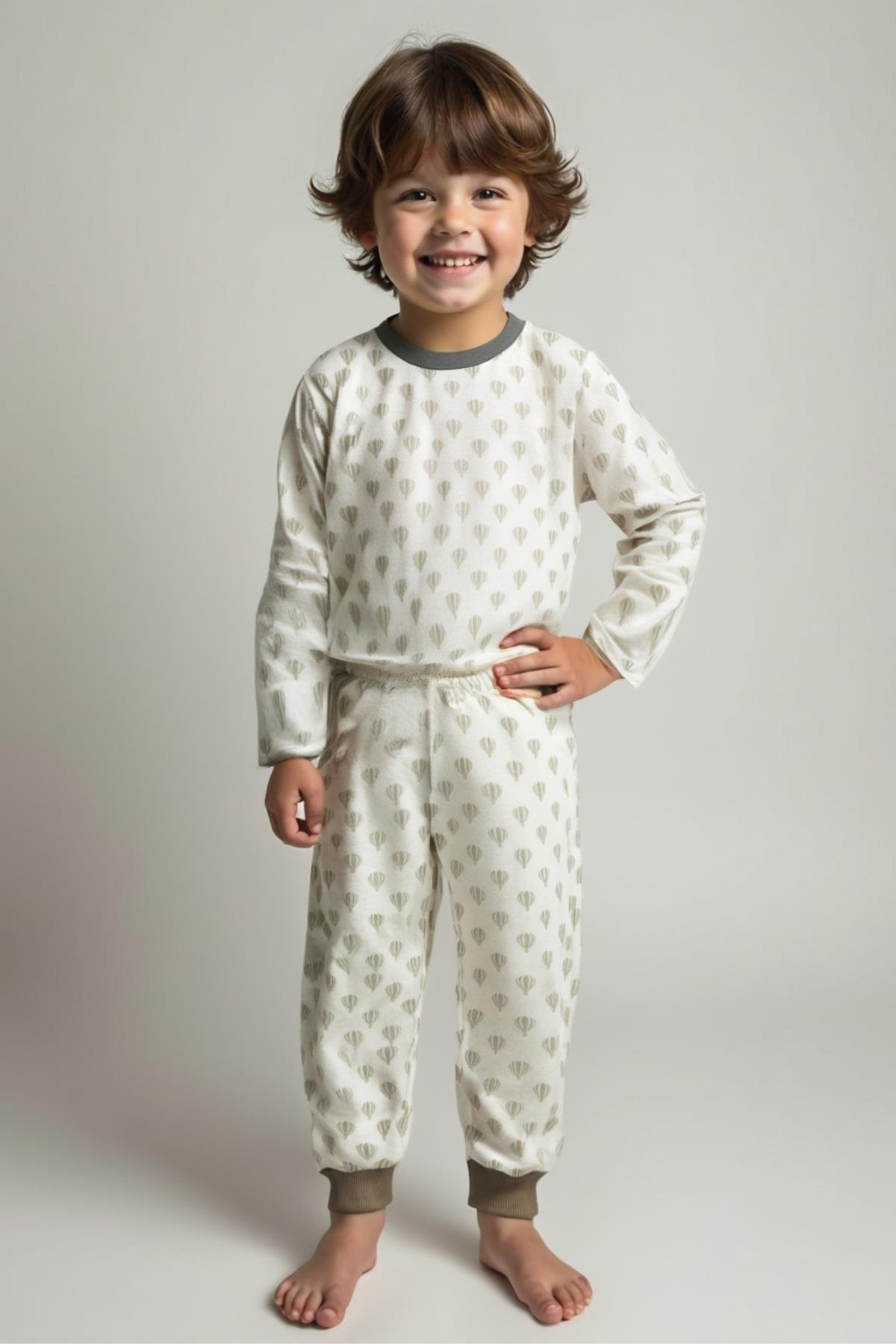 Unisex Çocuk Desenli Pijama Takımı - Bej