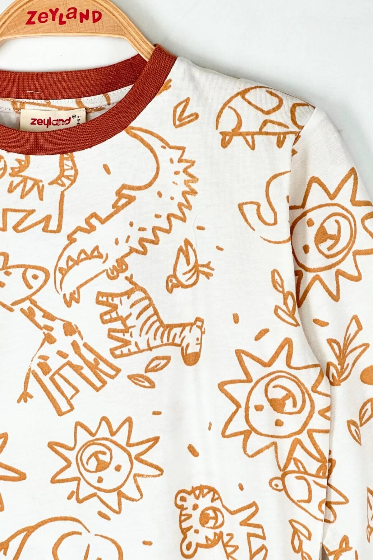 Unisex Çocuk Desenli Pijama Takımı - Hardal