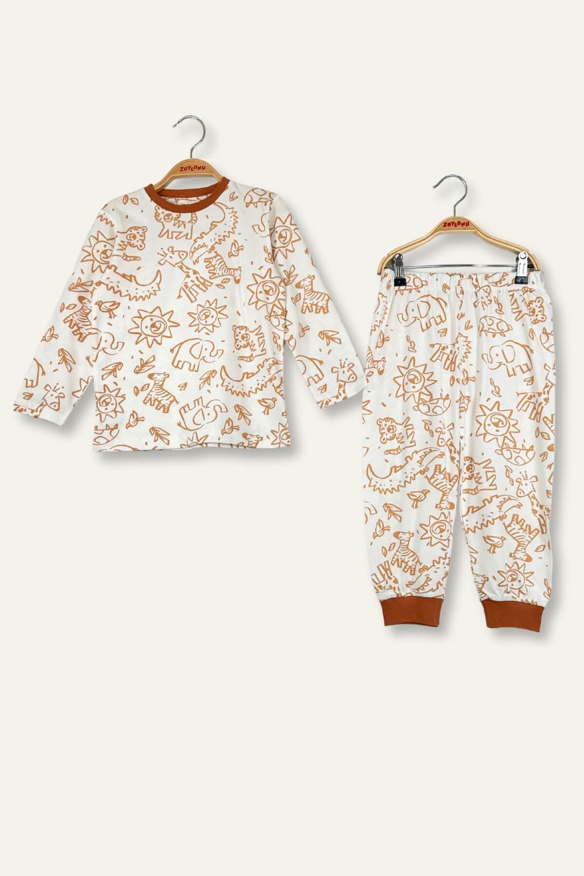 Unisex Çocuk Desenli Pijama Takımı - Hardal