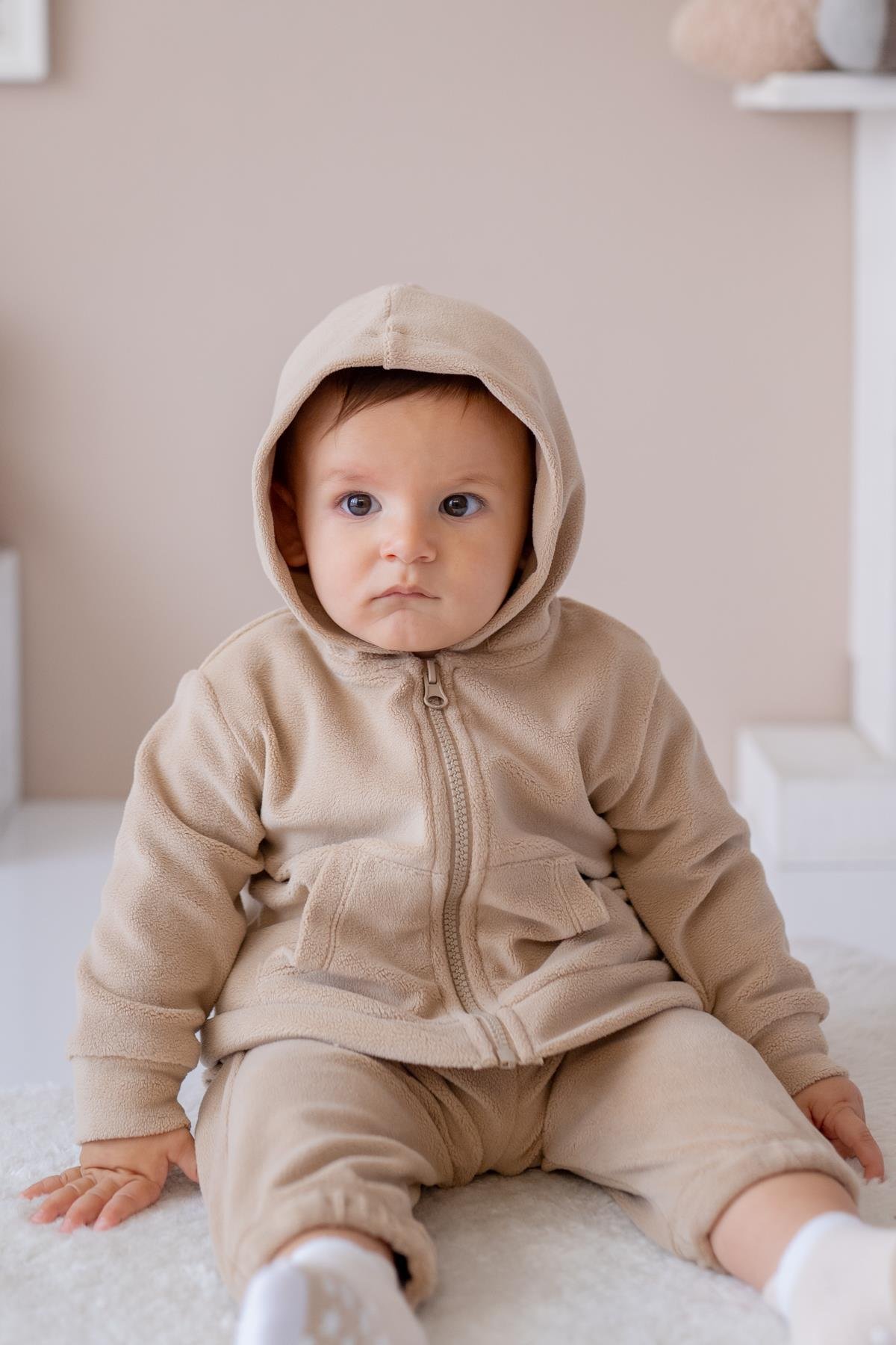 Unisex Çocuk Kapşonlu Kanguru Cepli Polar Ceket - Bej