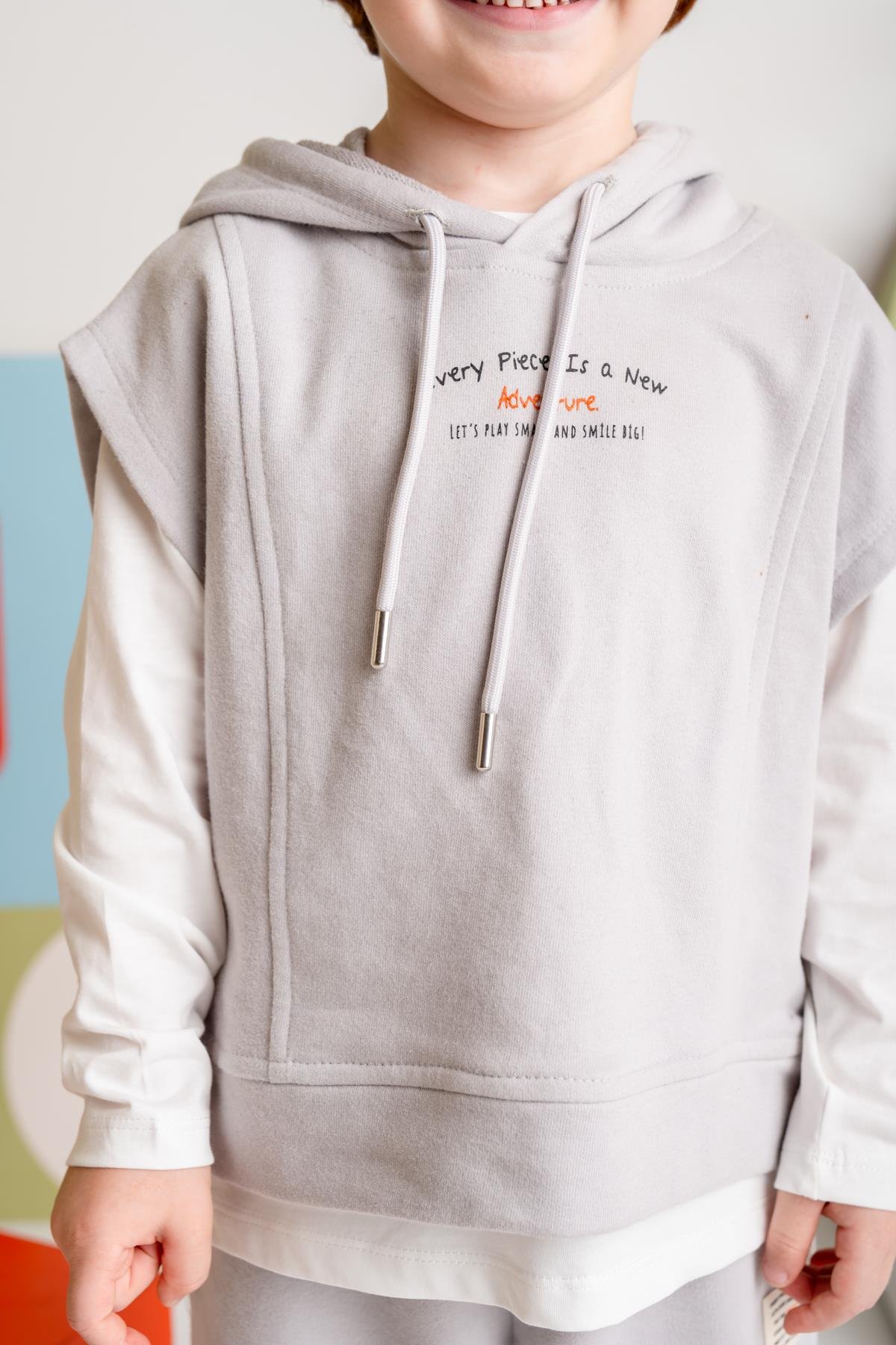 Unisex Çocuk Kapşonlu Kısa Kol Sweatshirt - Gri