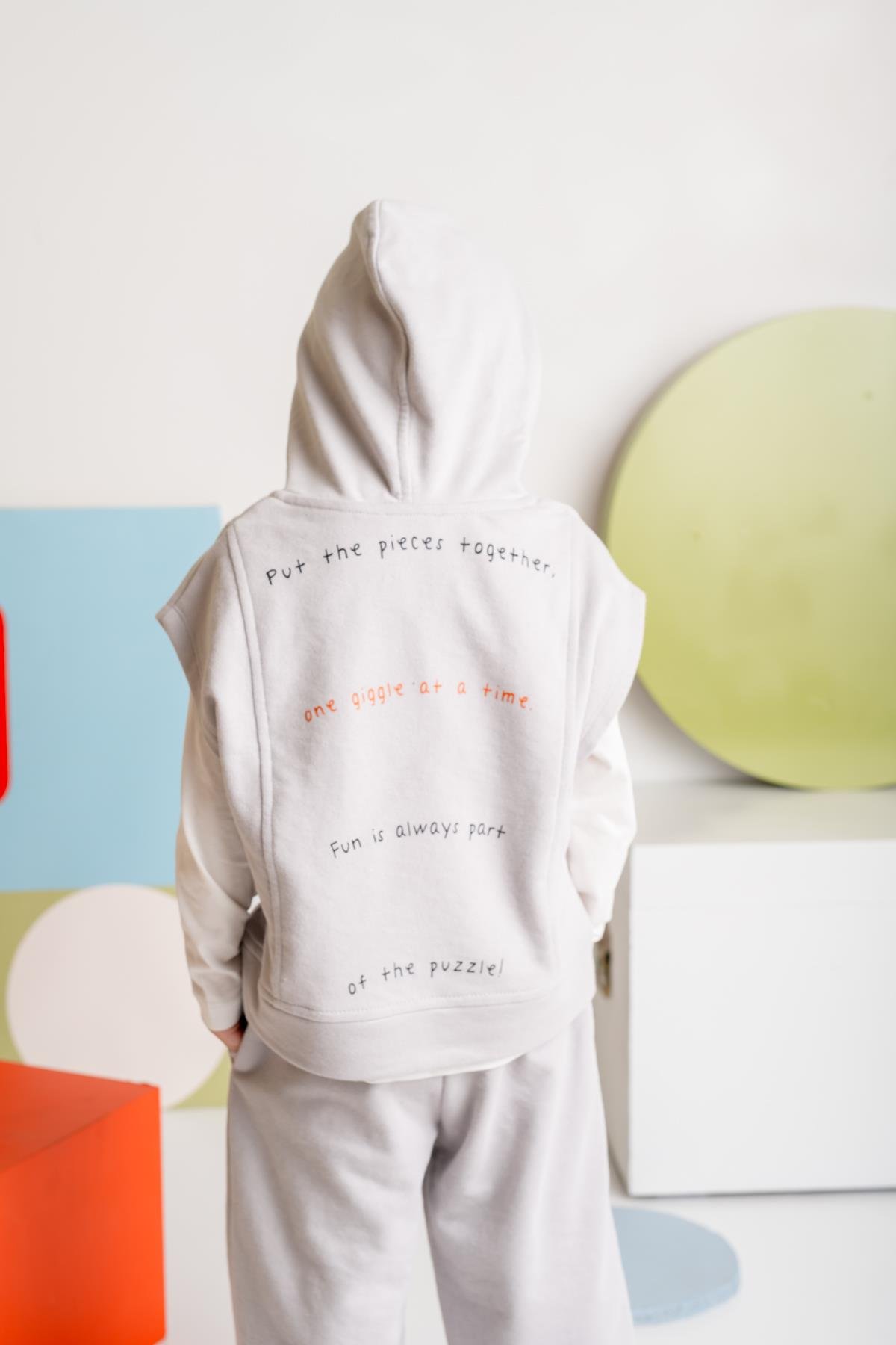 Unisex Çocuk Kapşonlu Kısa Kol Sweatshirt - Gri