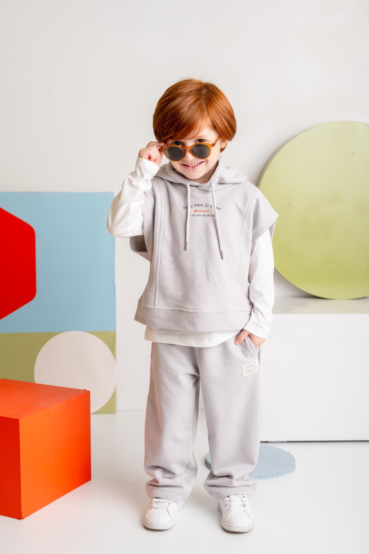 Unisex Çocuk Kapşonlu Kısa Kol Sweatshirt - Gri