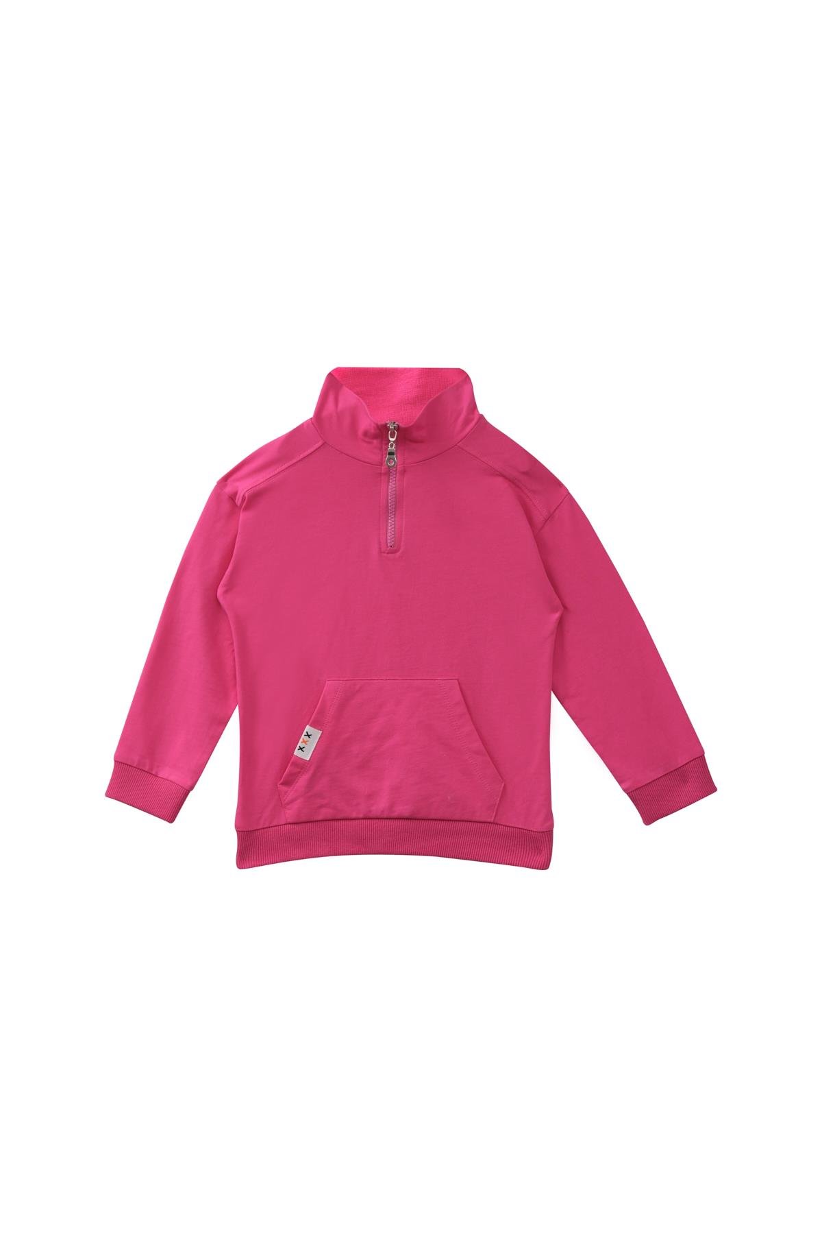 Unisex Çocuk Yakalı Fermuarlı Sweatshirt - Fusya