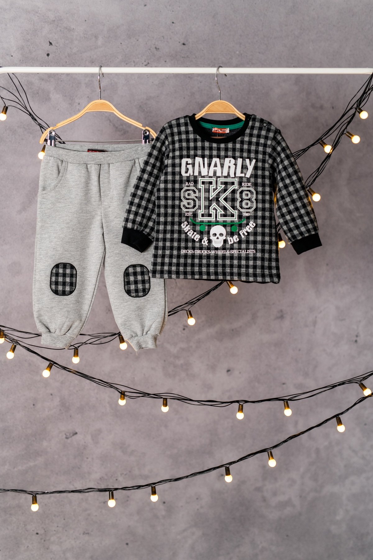 Ekose Sweatshirt ve Diz Yamali Esofman Alti Takim (6ay-4yas)