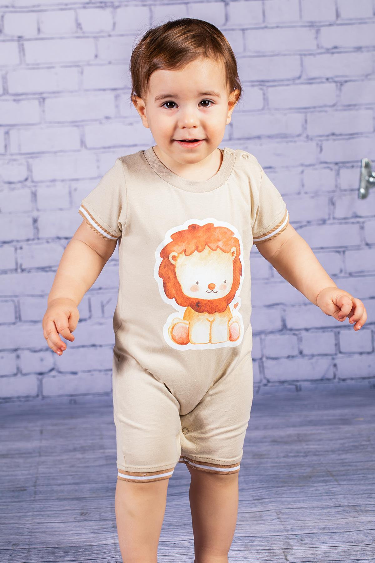 Erkek Bebek Aslan Baskılı Bej Tulum